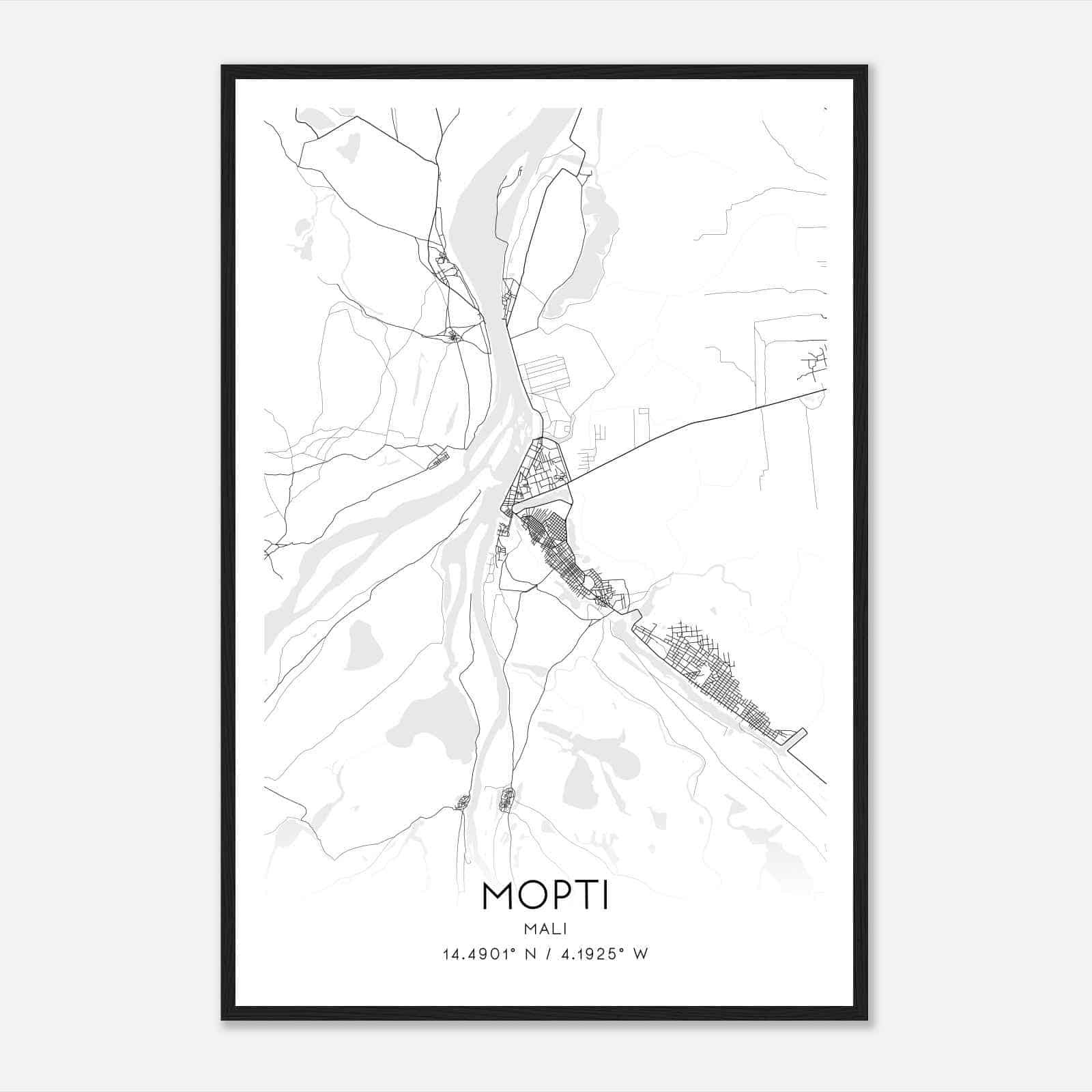 Mopti Mali Map Poster, Mopti City Road Wall Art Print