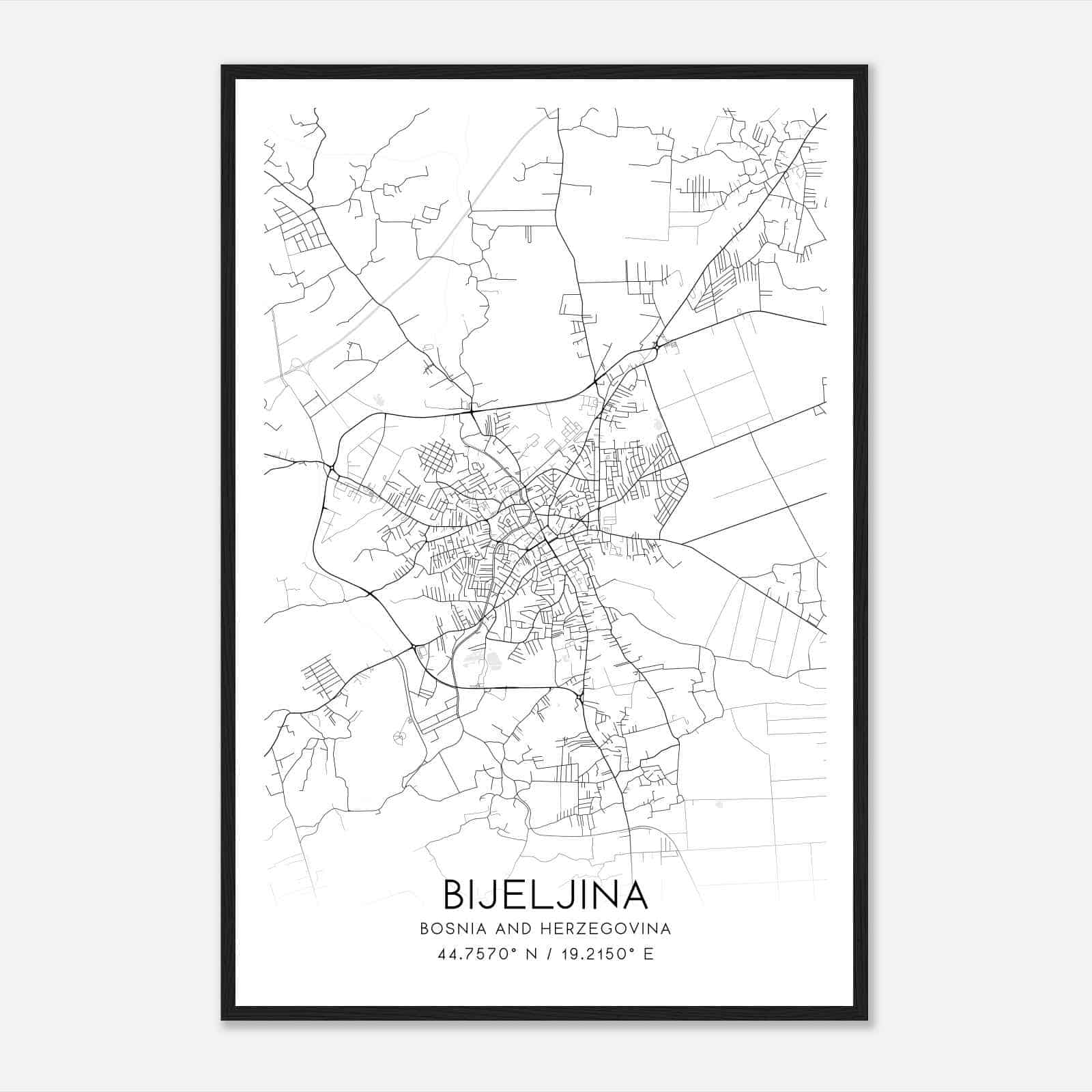 Bijeljina Bosnia And Herzegovina Map Poster, Bijeljina City Road Wall Art Print