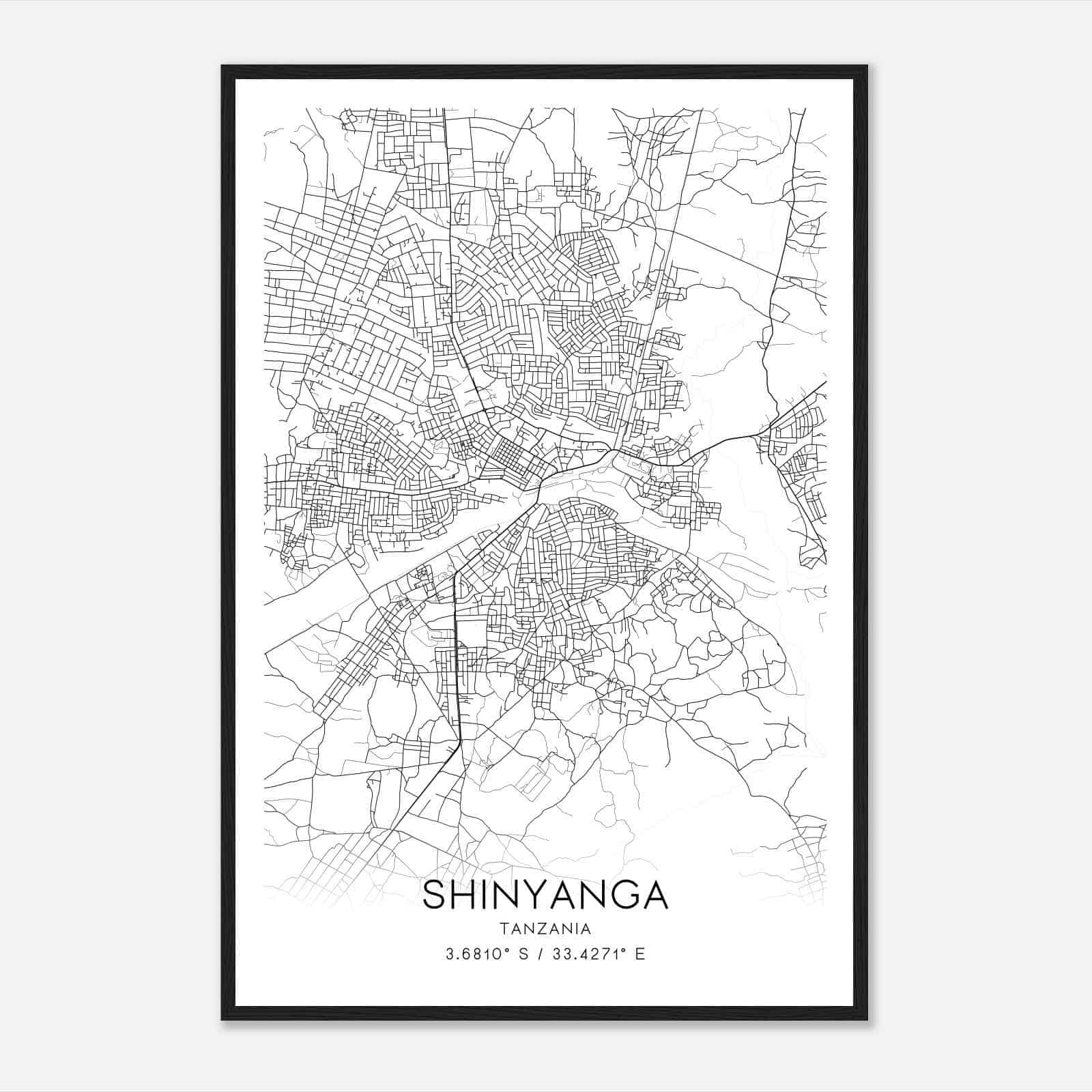 Shinyanga Tanzania Map Poster, Shinyanga City Road Wall Art Print