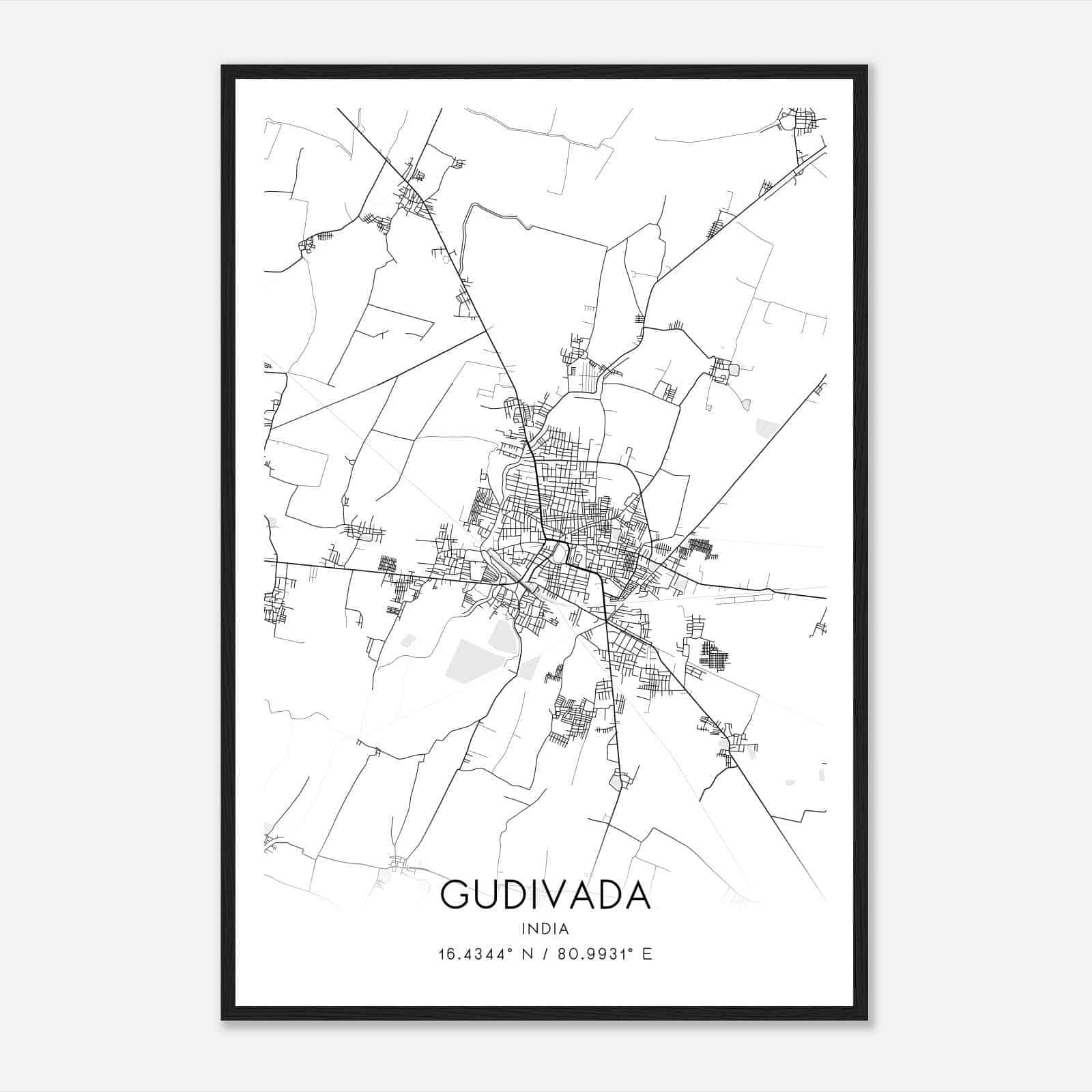 Gudivada India Map Poster, Gudivada City Road Wall Art Print