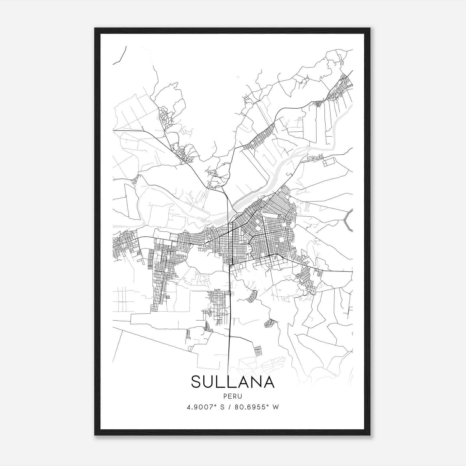 Sullana Peru Map Poster, Sullana City Road Wall Art Print