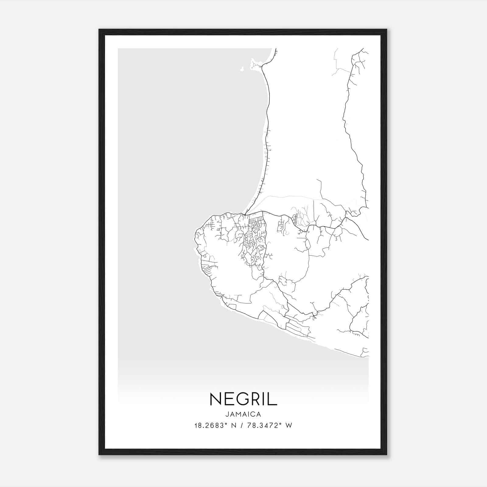 Negril Jamaica Map Poster, Negril City Road Wall Art Print