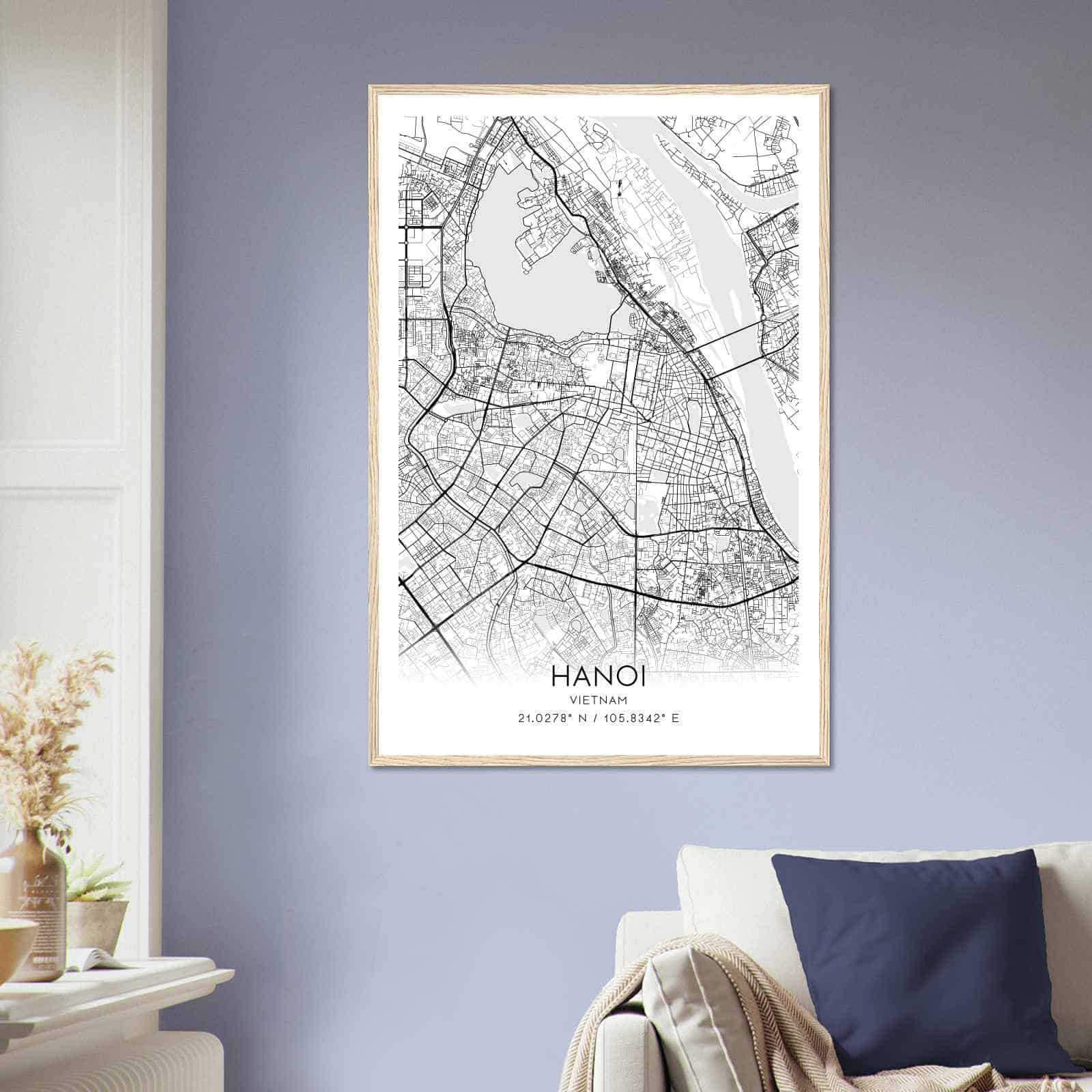 Hanoi Vietnam Map Poster, Hanoi City Road Wall Art Print
