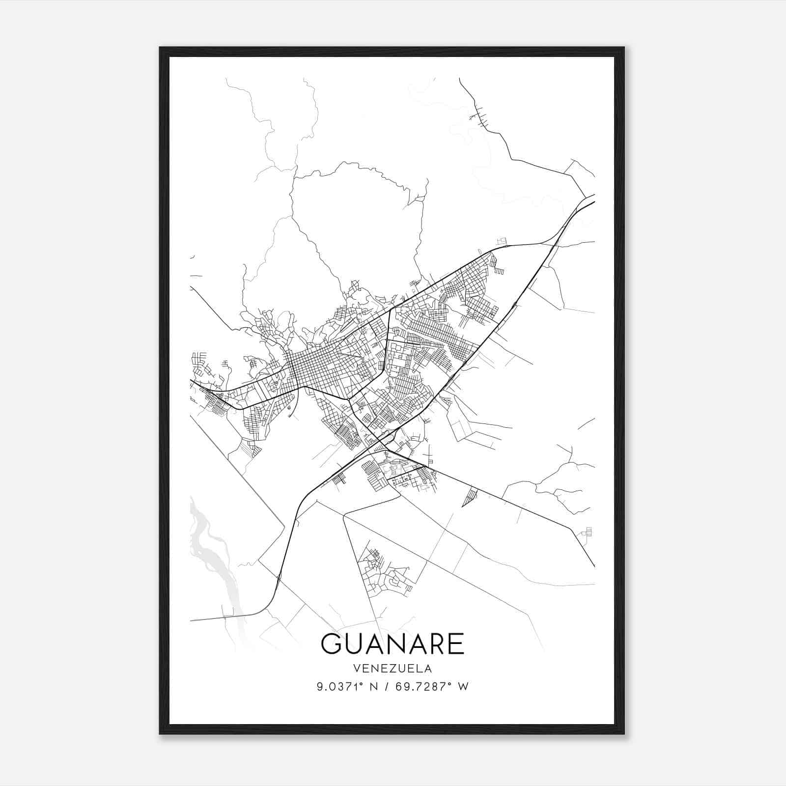 Guanare Venezuela Map Poster, Guanare City Road Wall Art Print
