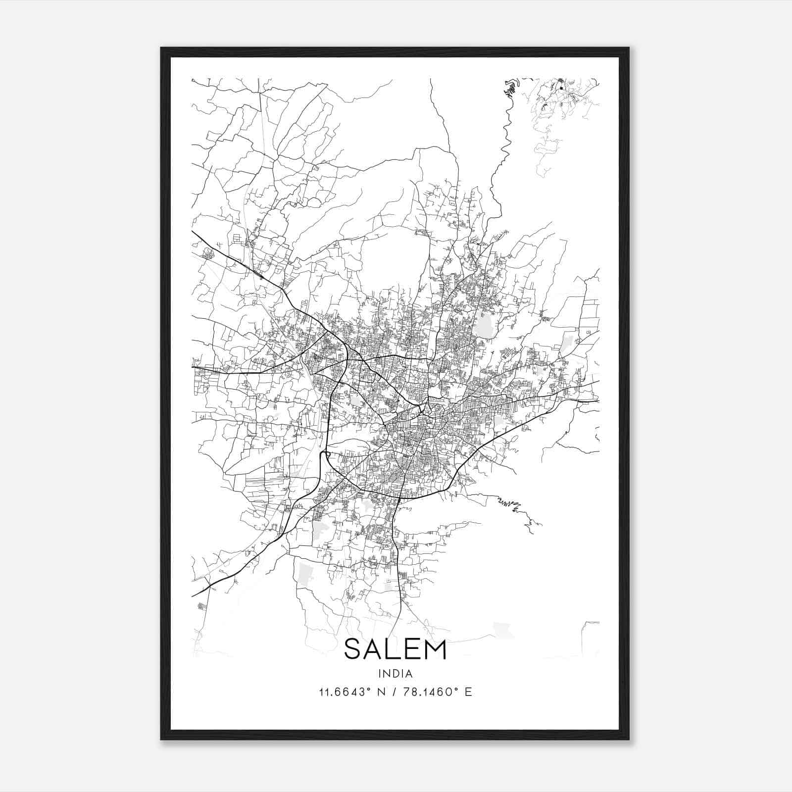 Salem India Map Poster, Salem City Road Wall Art Print