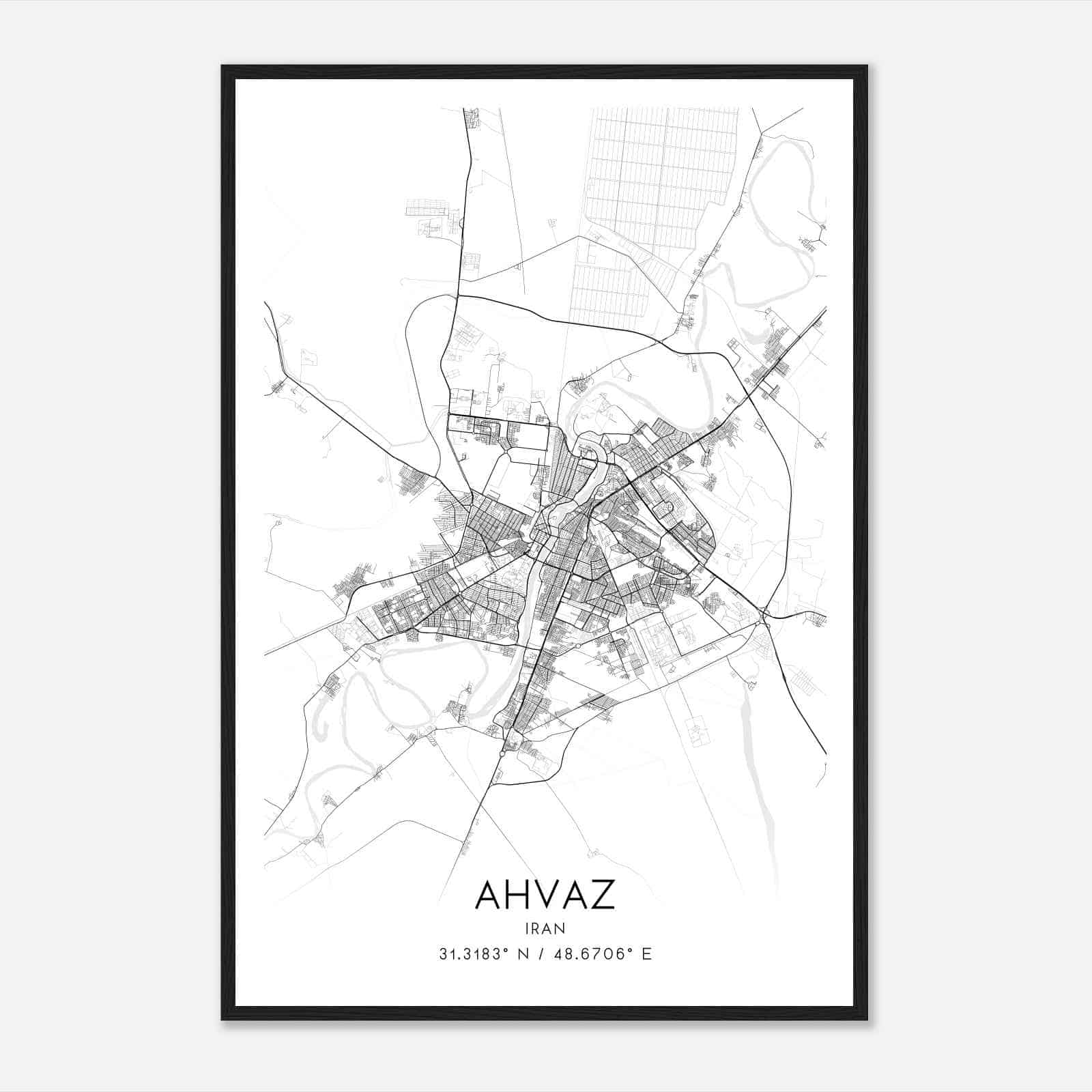 Ahvaz Iran Map Poster, Ahvaz City Road Wall Art Print