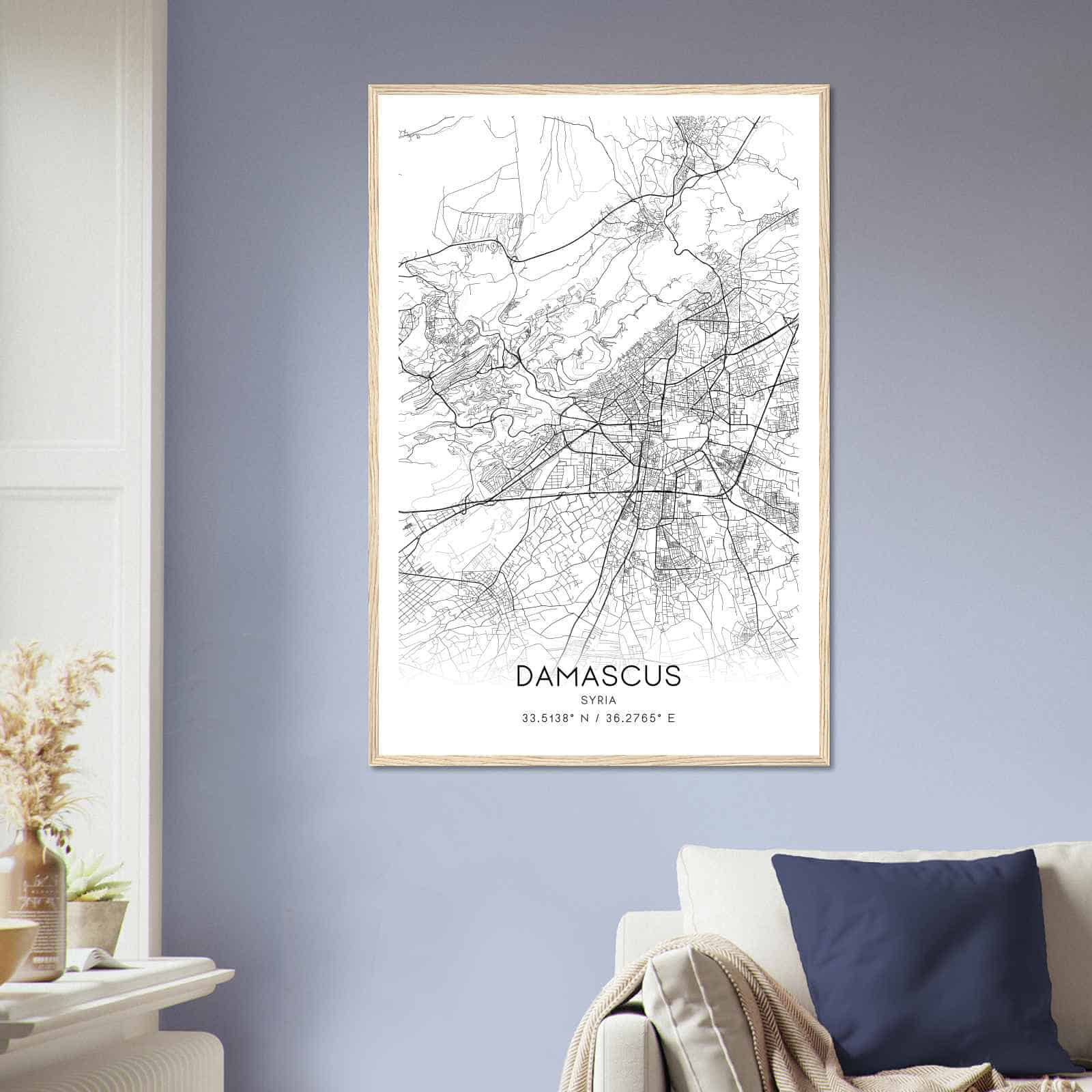 Damascus Syria Map Poster, Damascus City Road Wall Art Print