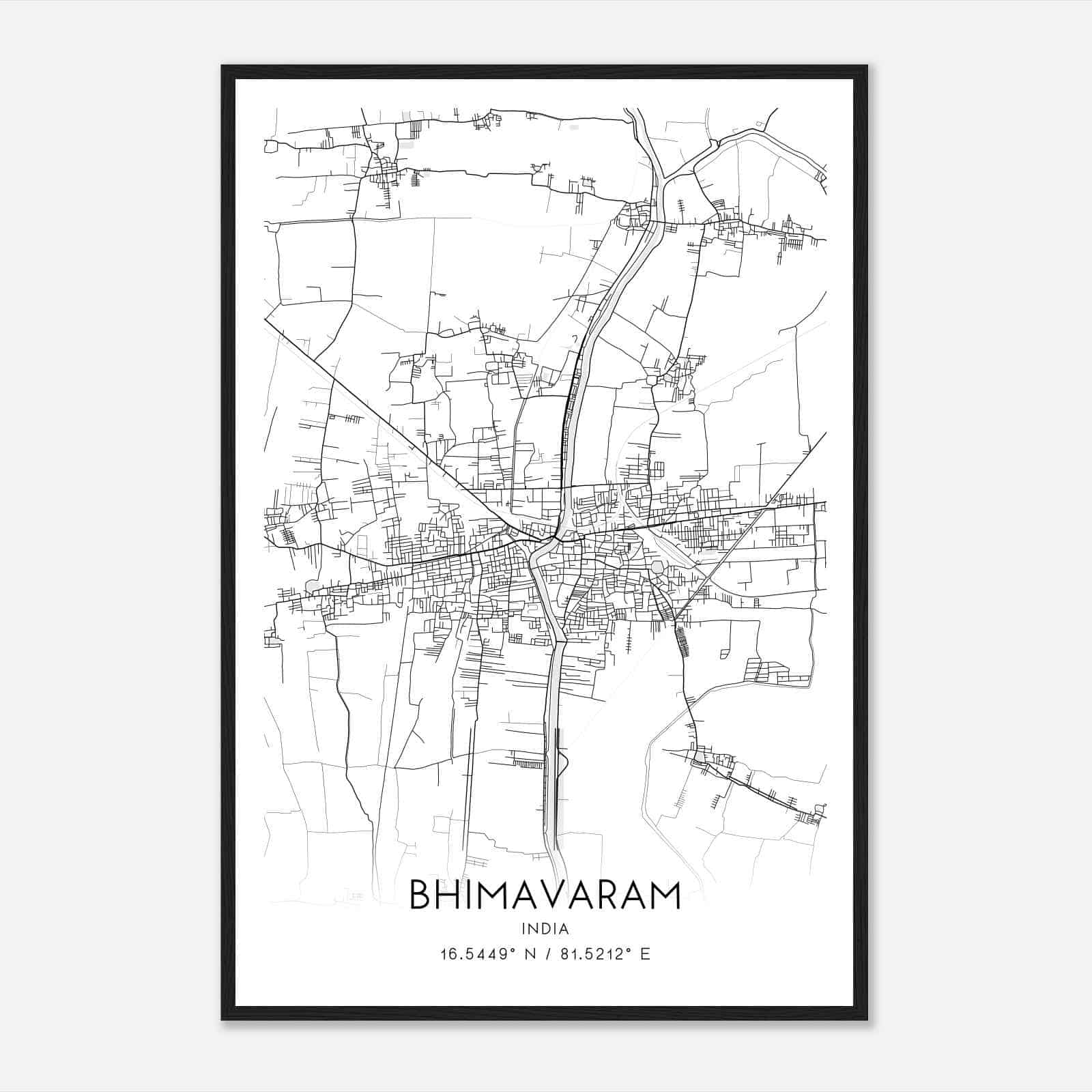 Bhimavaram India Map Poster, Bhimavaram City Road Wall Art Print