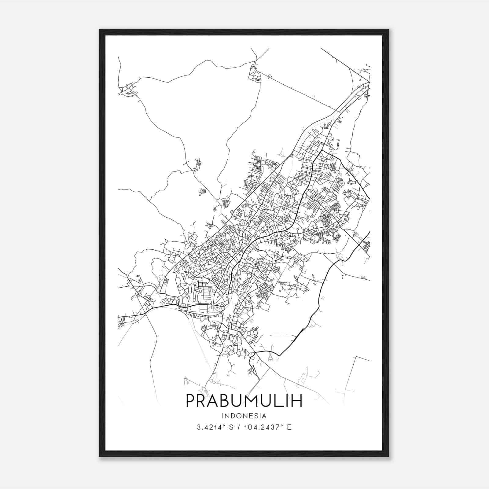 Prabumulih Indonesia Map Poster, Prabumulih City Road Wall Art Print