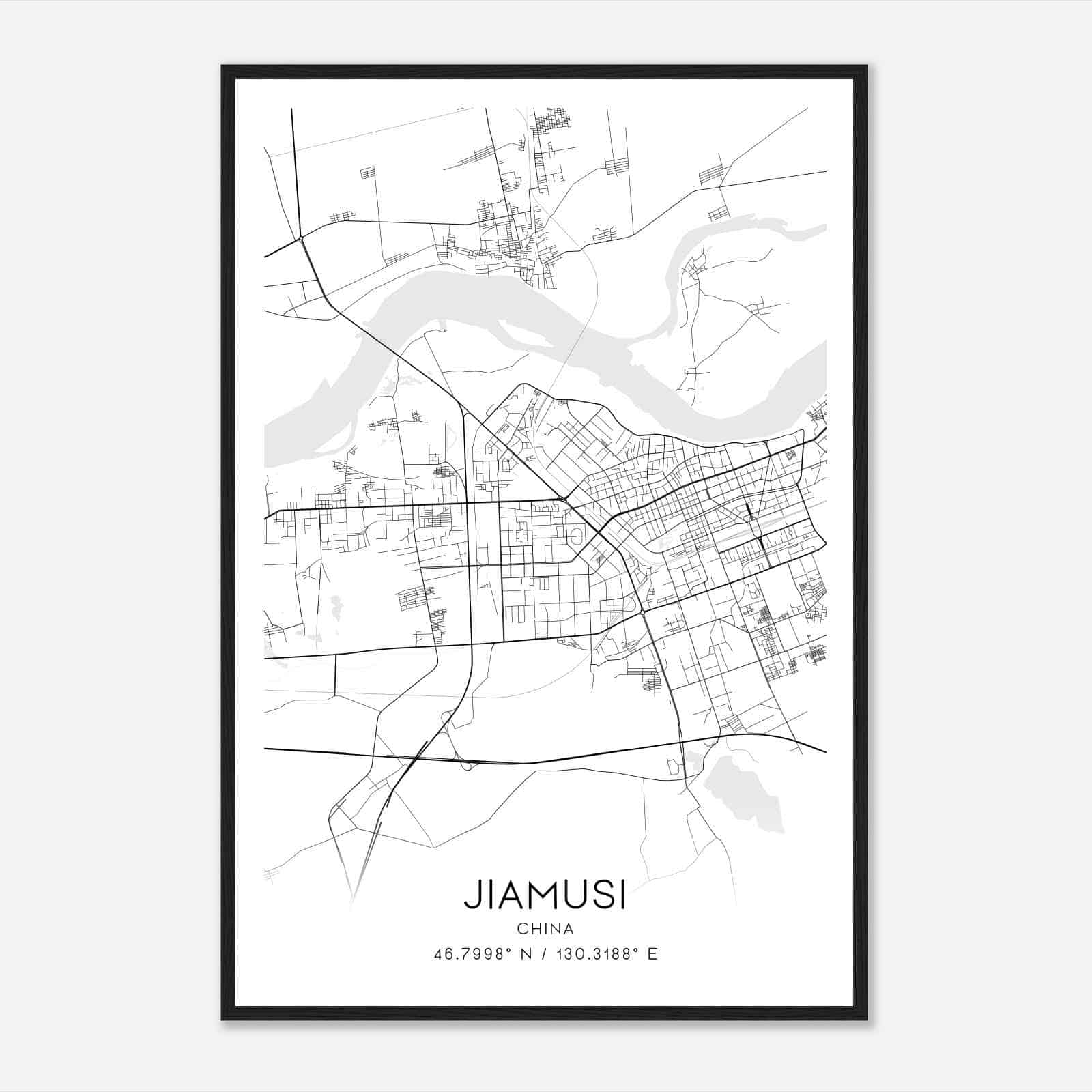 Jiamusi China Map Poster, Jiamusi City Road Wall Art Print