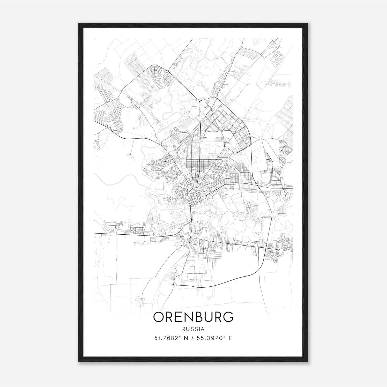Orenburg Russia Map Poster, Orenburg City Road Wall Art Print