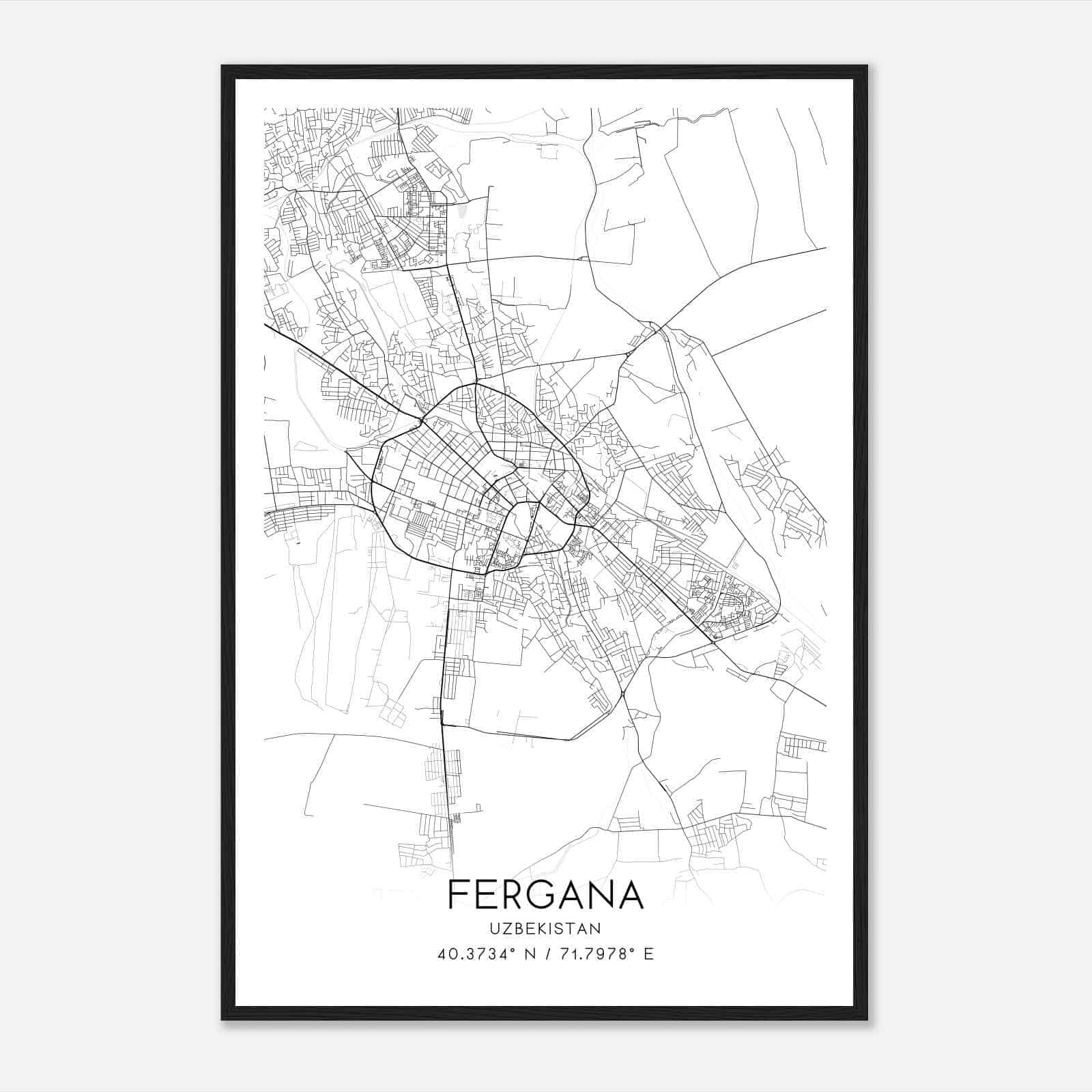 Fergana Uzbekistan Map Poster, Fergana City Road Wall Art Print