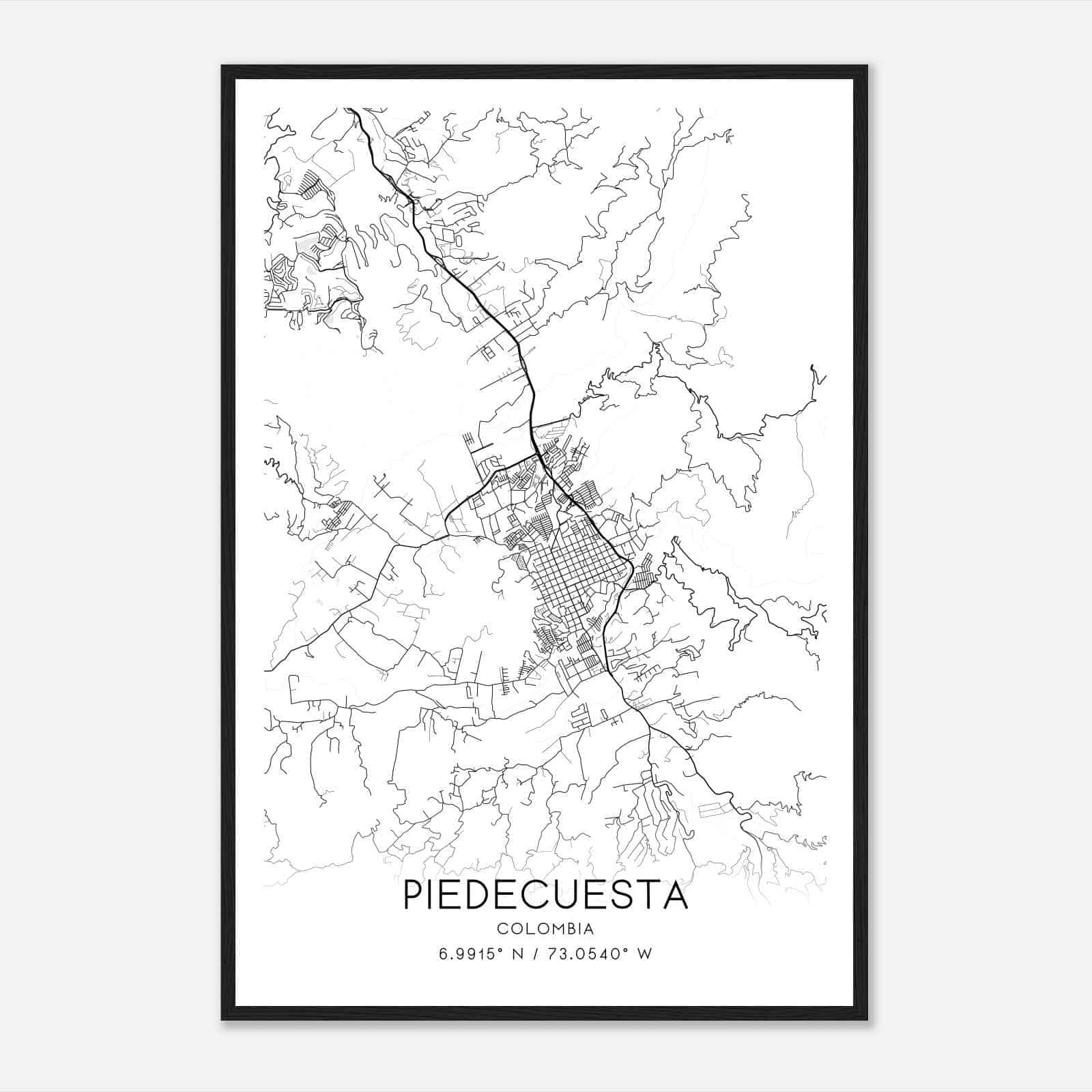 Piedecuesta Colombia Map Poster, Piedecuesta City Road Wall Art Print