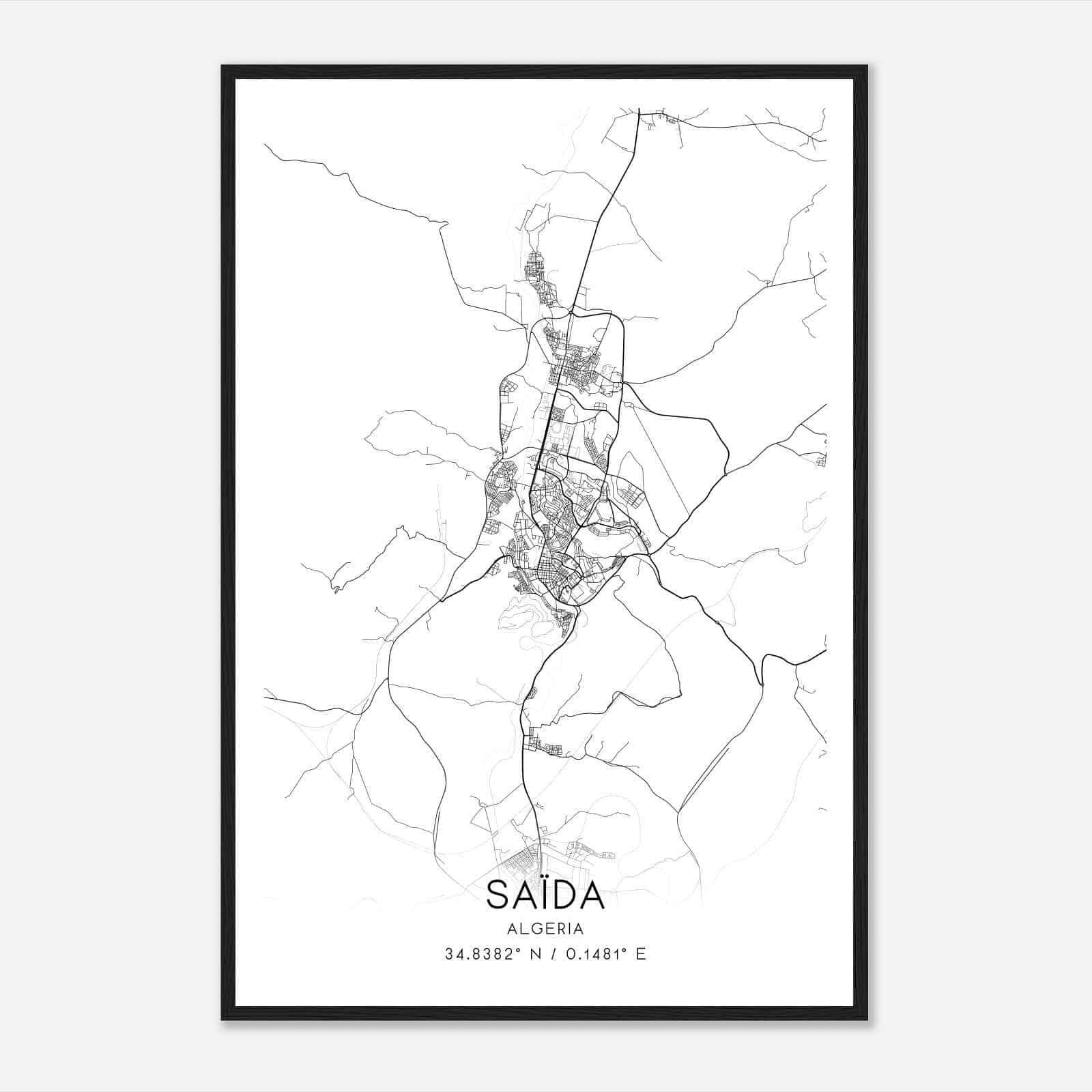 Saida Algeria Map Poster, Saida City Road Wall Art Print