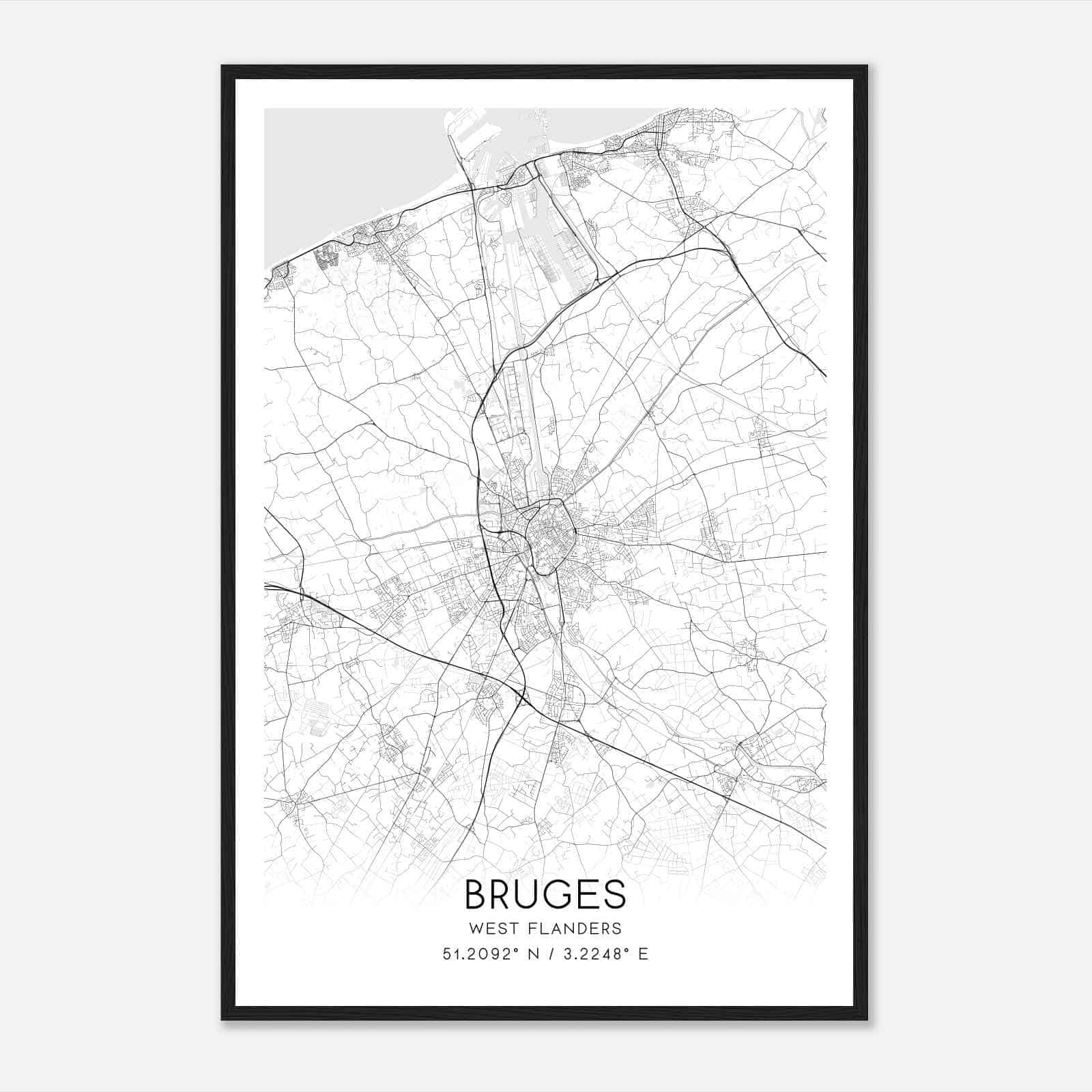 Bruges West Flanders Map Poster, Bruges City Road Wall Art Print