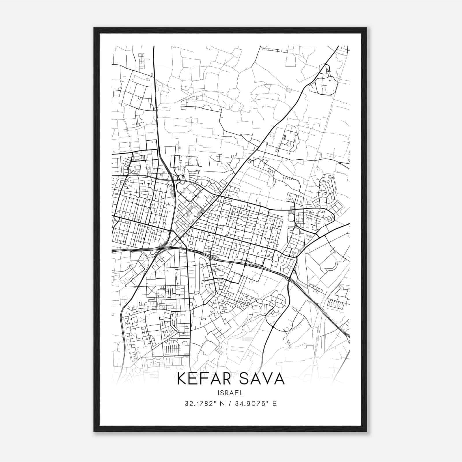 Kefar Sava Israel Map Poster, Kefar Sava City Road Wall Art Print