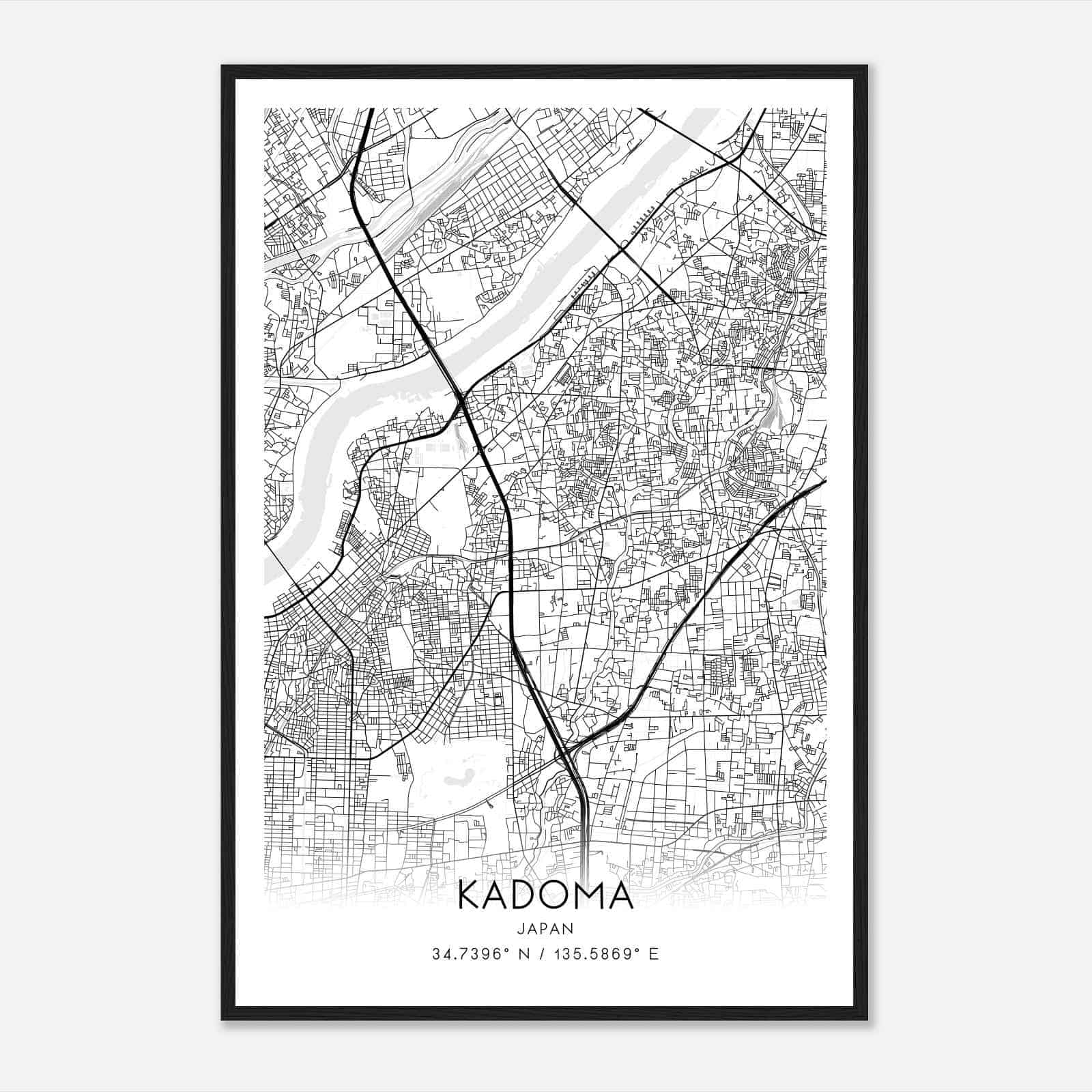 Kadoma Japan Map Poster, Kadoma City Road Wall Art Print