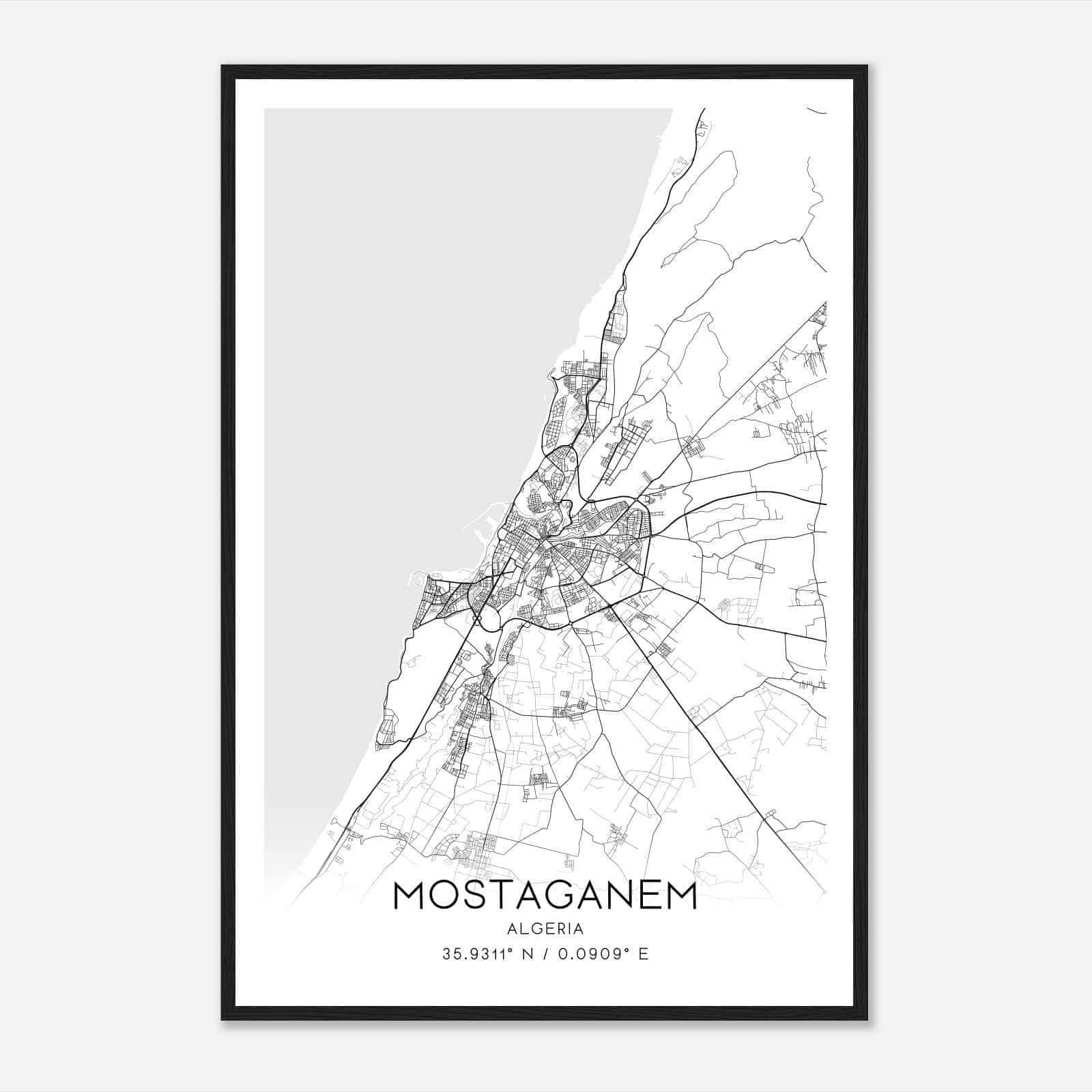 Mostaganem Algeria Map Poster, Mostaganem City Road Wall Art Print