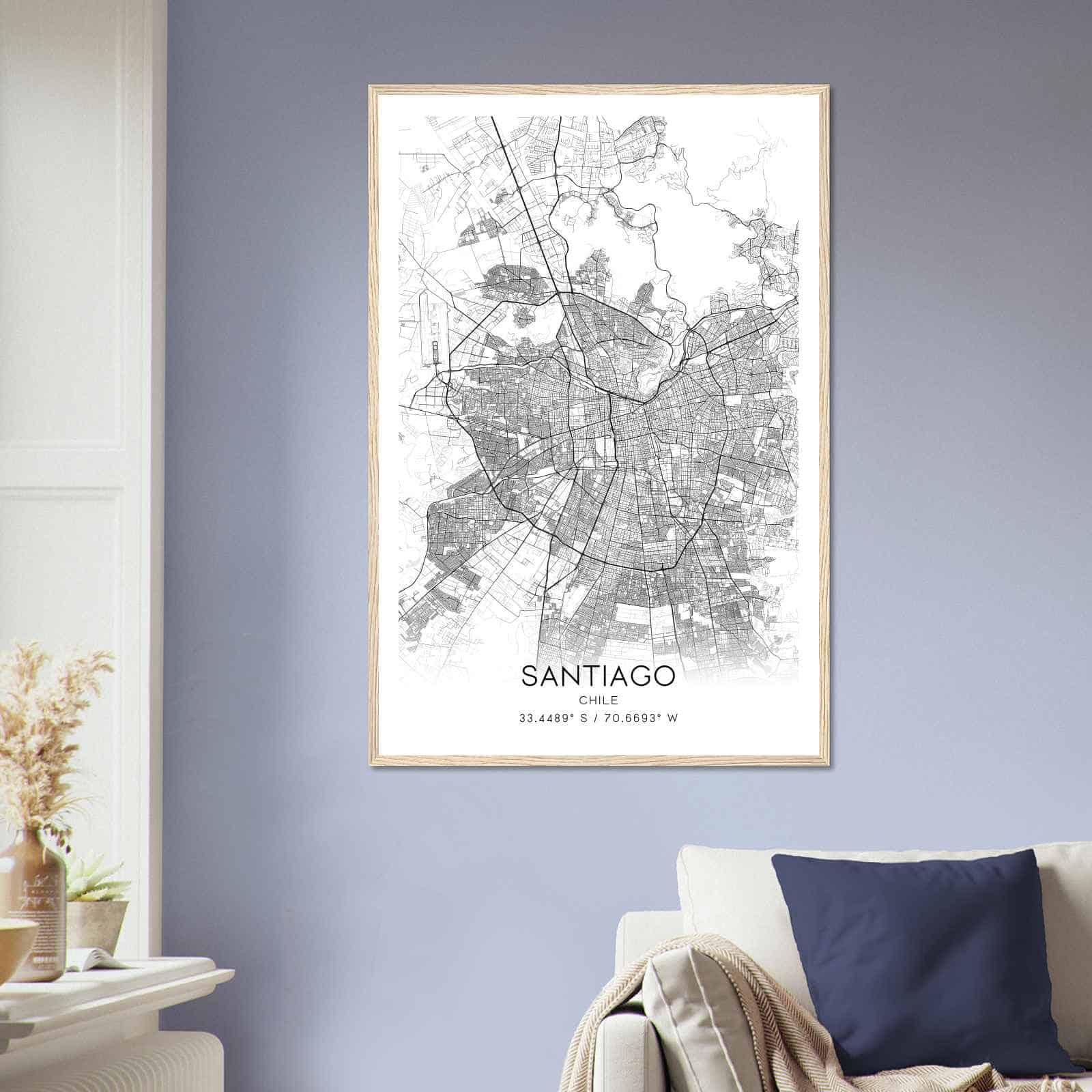 Santiago Chile Map Poster, Santiago City Road Wall Art Print