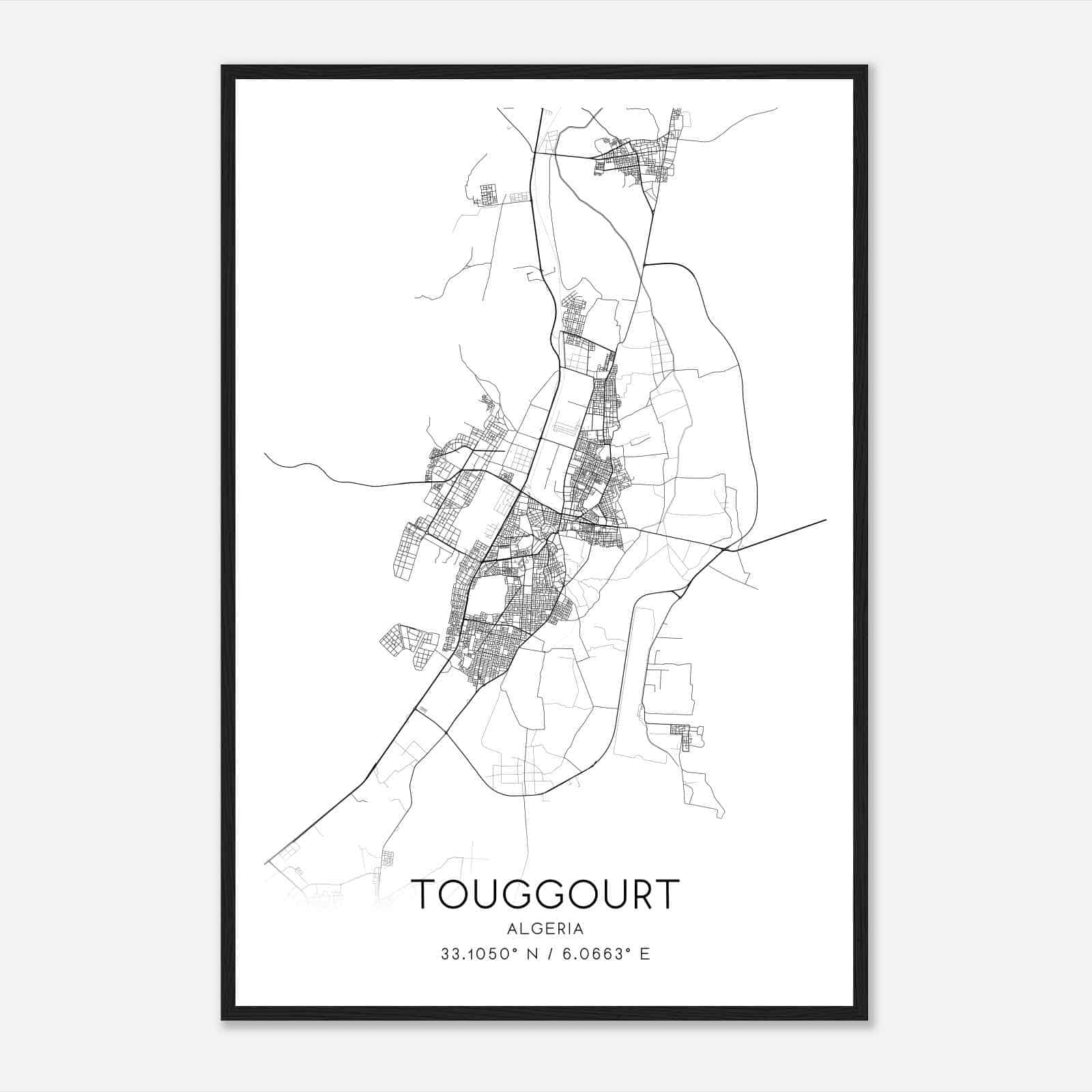 Touggourt Algeria Map Poster, Touggourt City Road Wall Art Print