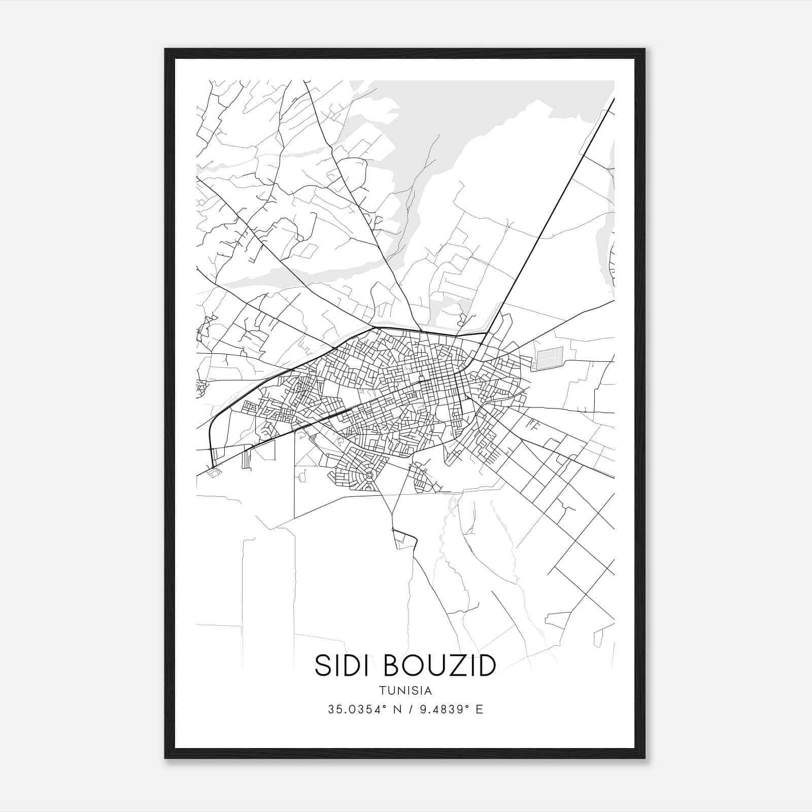 Sidi Bouzid Tunisia Map Poster, Sidi Bouzid City Road Wall Art Print