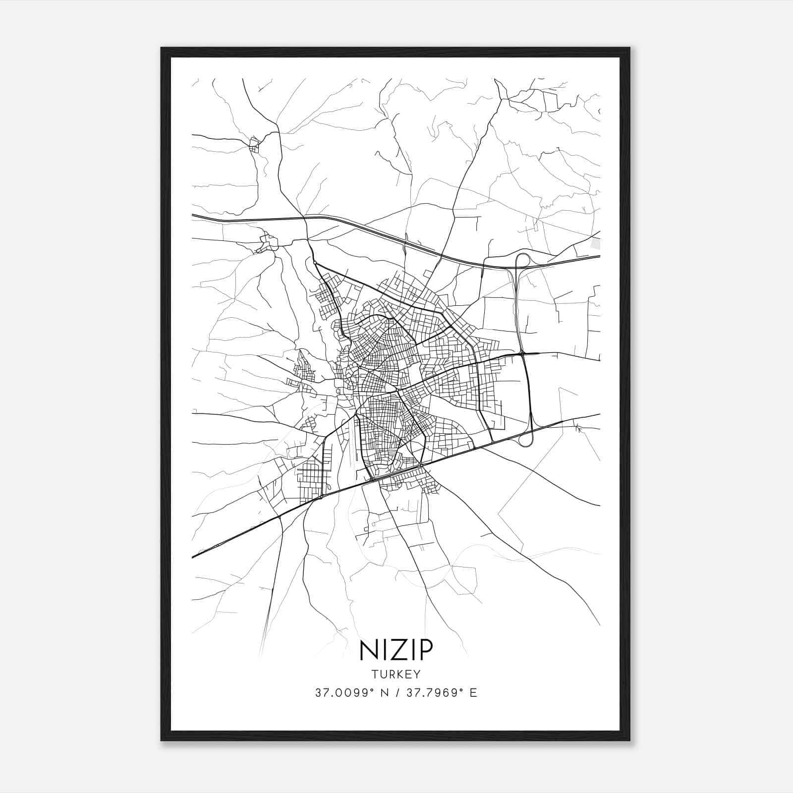 Nizip Turkey Map Poster, Nizip City Road Wall Art Print