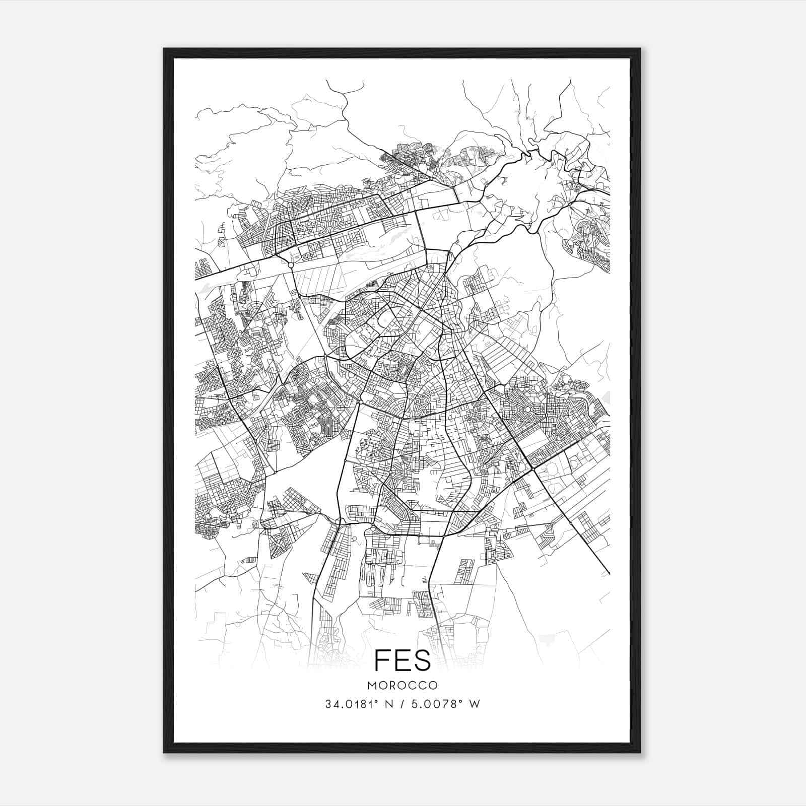 Fes Morocco Map Poster, Fes City Road Wall Art Print
