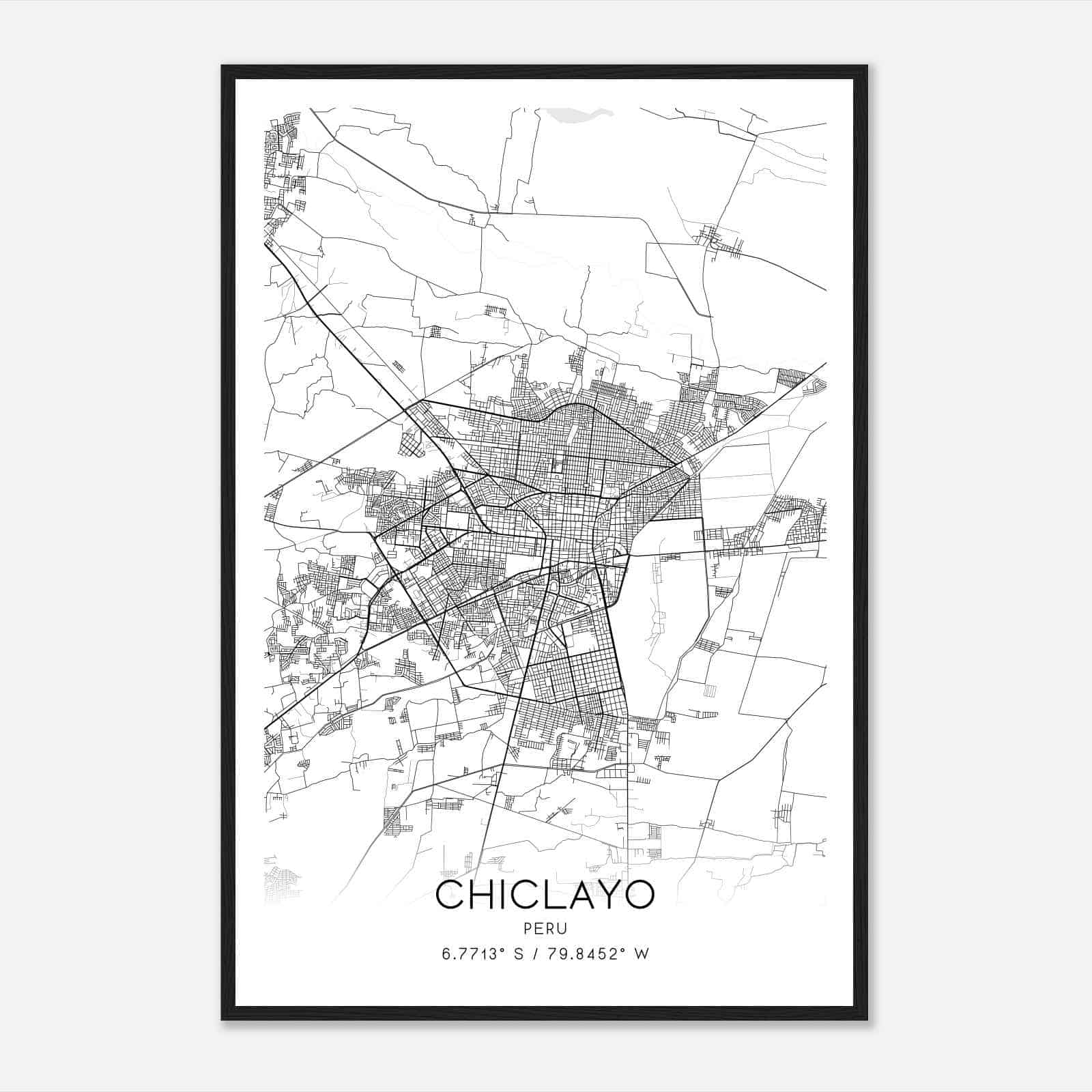 Chiclayo Peru Map Poster, Chiclayo City Road Wall Art Print