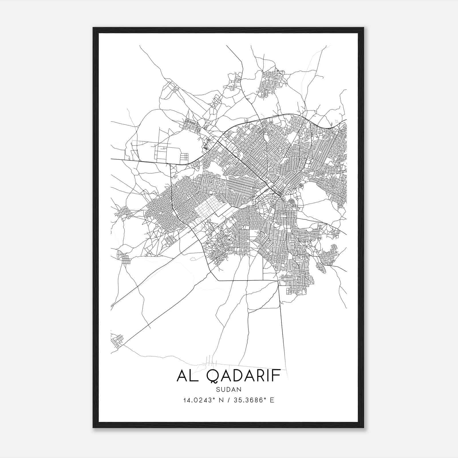 Al Qadarif Sudan Map Poster, Al Qadarif City Road Wall Art Print