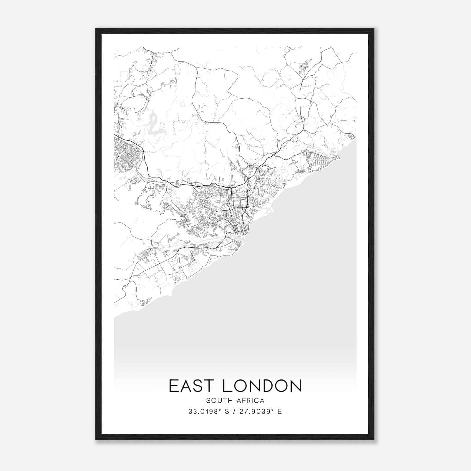 East London South Africa Map Poster, East London City Road Wall Art Print