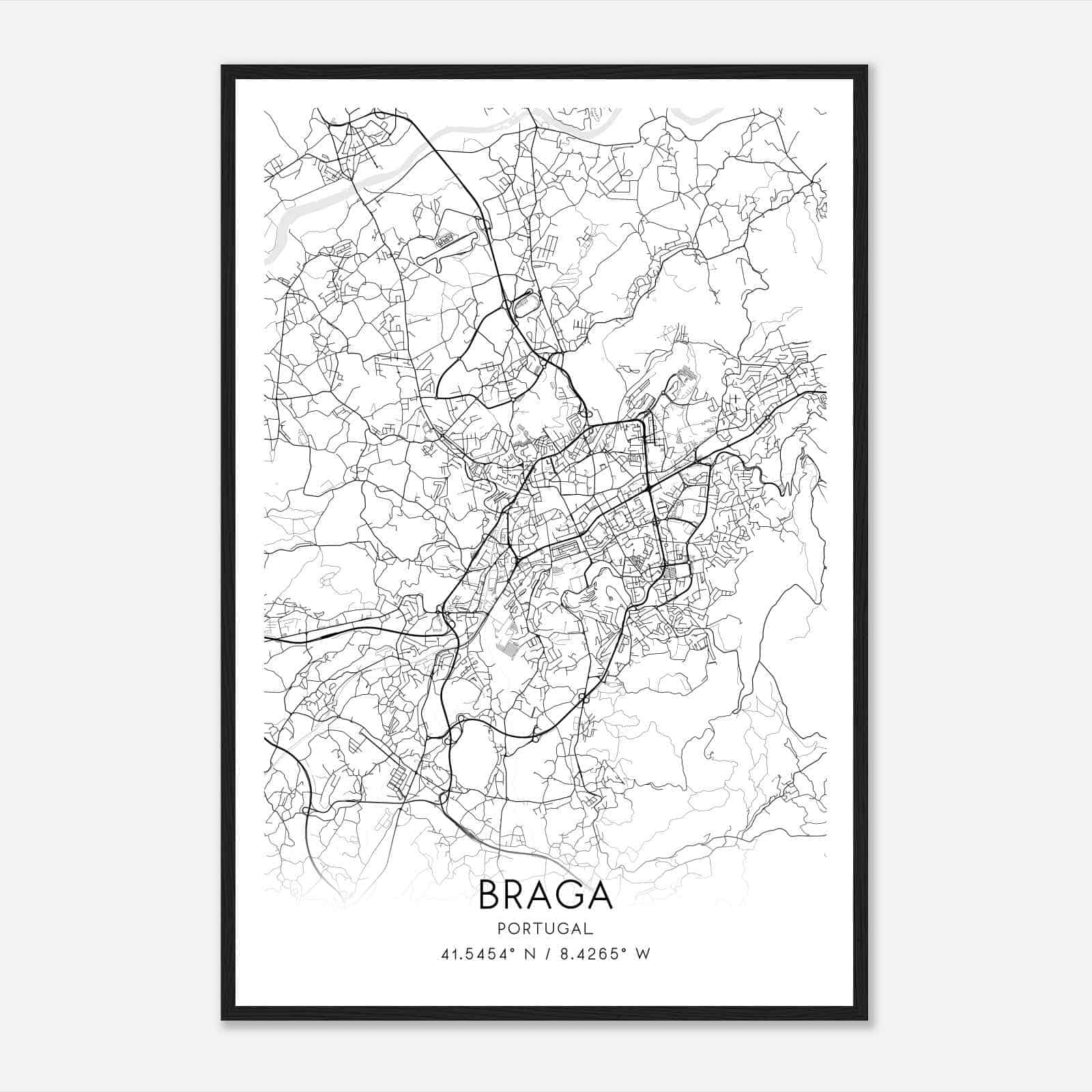 Braga Portugal Map Poster, Braga City Road Wall Art Print - Custom Maps ...