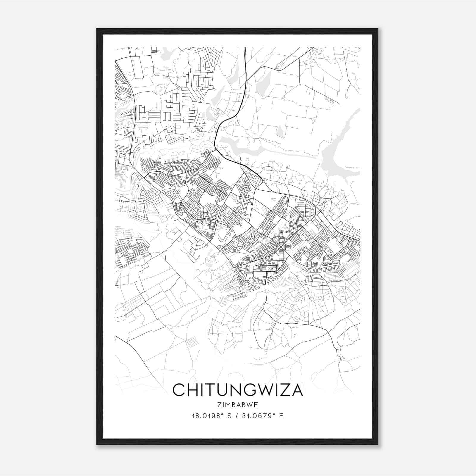 Chitungwiza Zimbabwe Map Poster, Chitungwiza City Road Wall Art Print