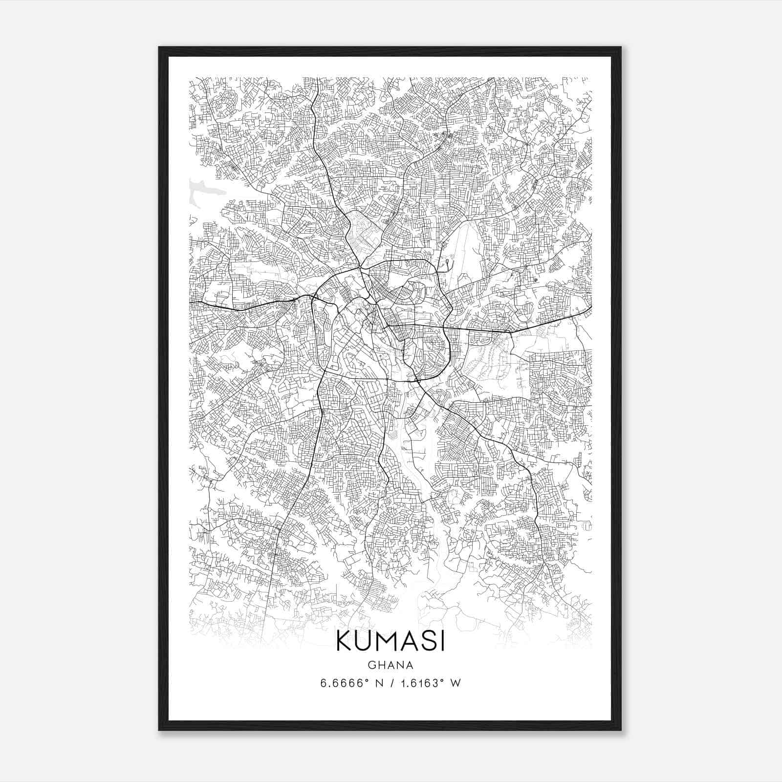 Kumasi Ghana Map Poster, Kumasi City Road Wall Art Print