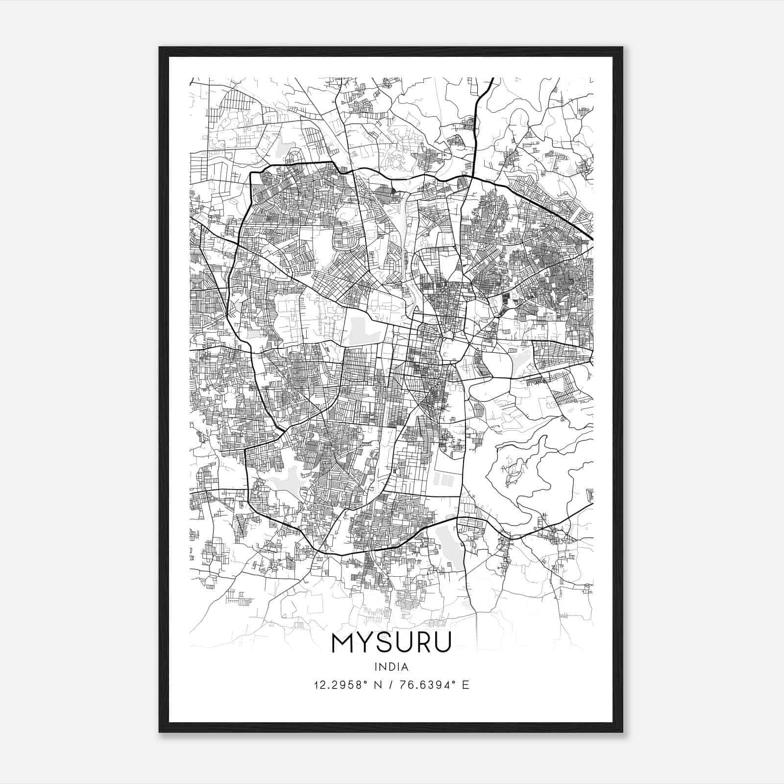 Mysuru India Map Poster, Mysuru City Road Wall Art Print