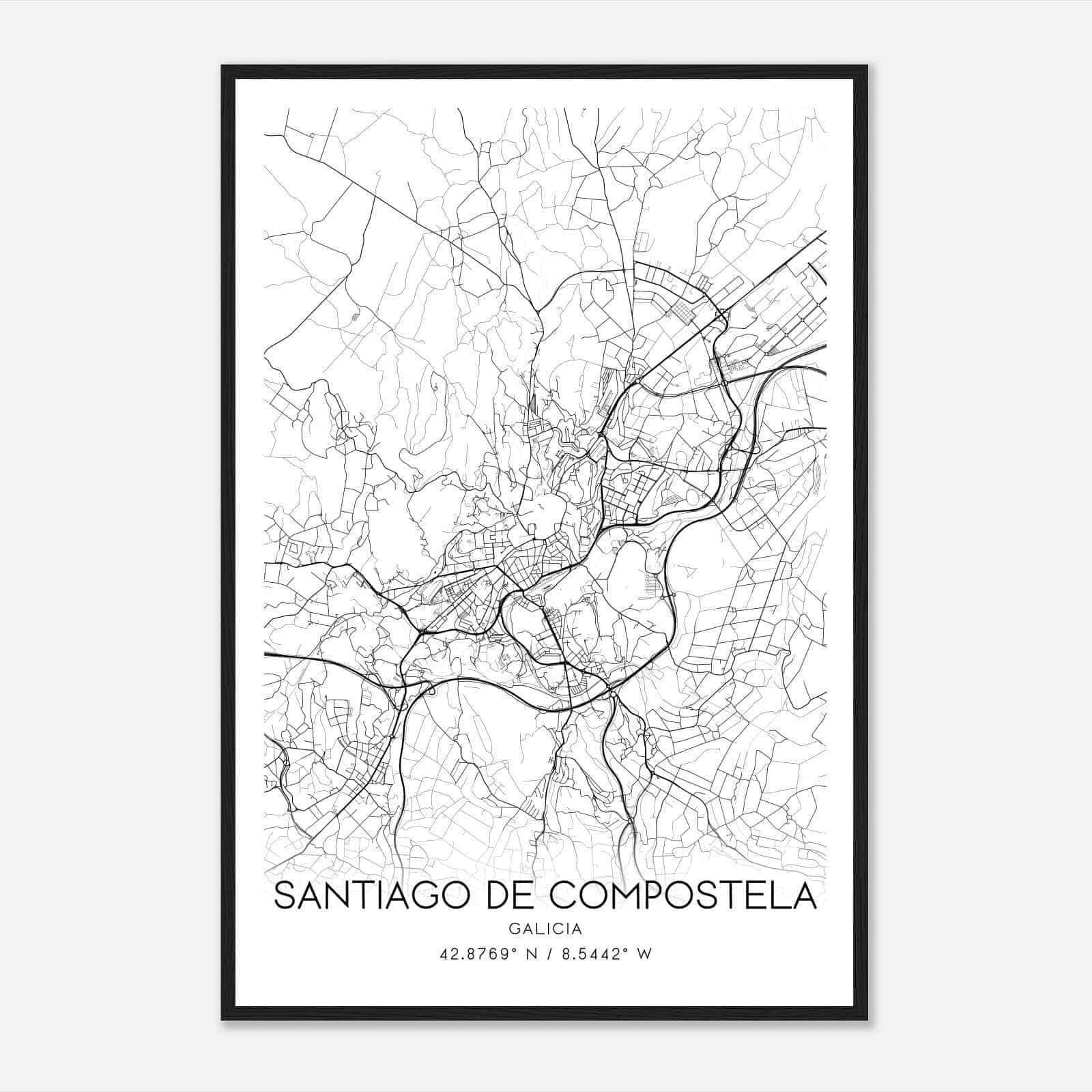 Santiago de Compostela Galicia Map Poster, Santiago de Compostela City Road Wall Art Print
