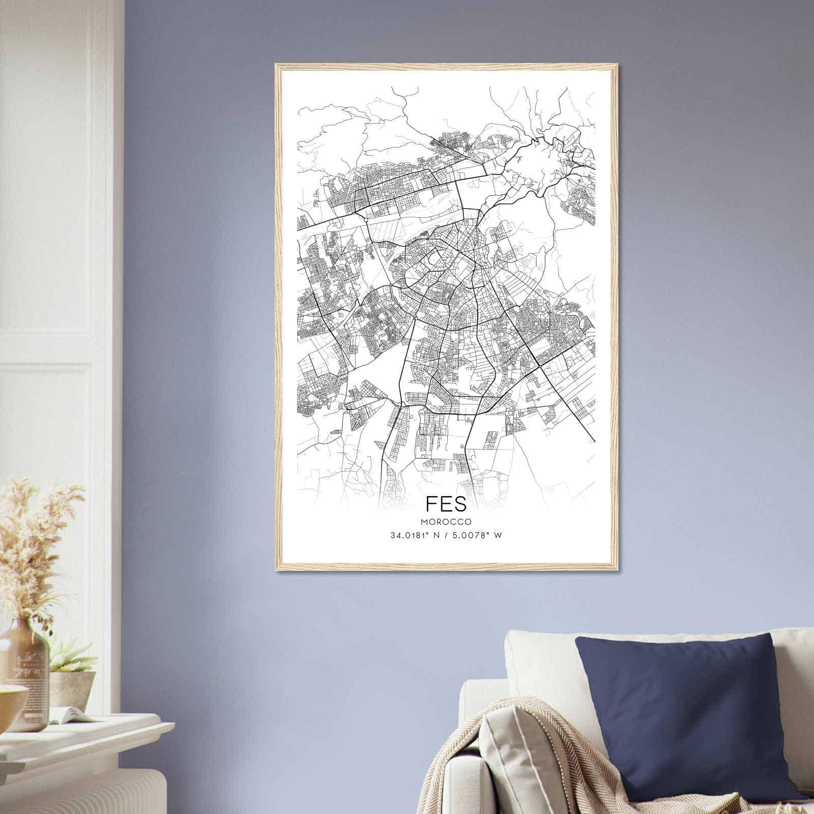 Fes Morocco Map Poster, Fes City Road Wall Art Print