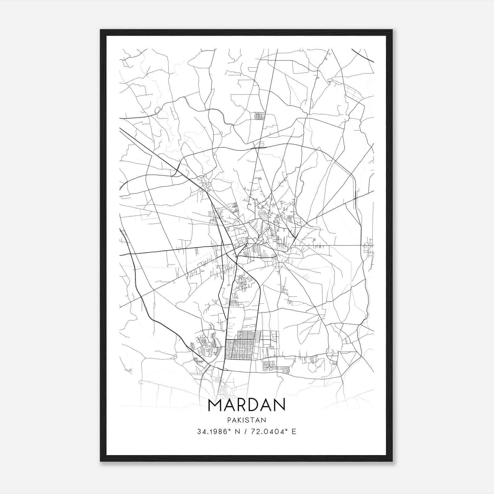 Mardan Pakistan Map Poster, Mardan City Road Wall Art Print