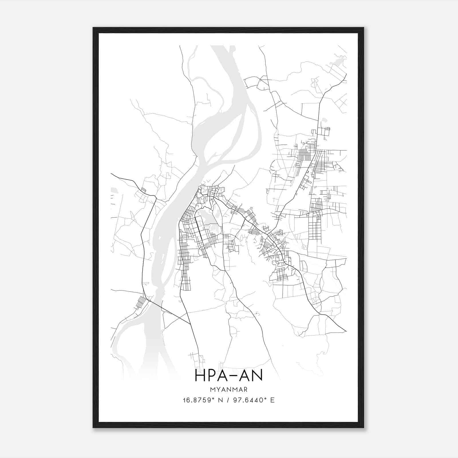 HpaAn Myanmar Map Poster, HpaAn City Road Wall Art Print