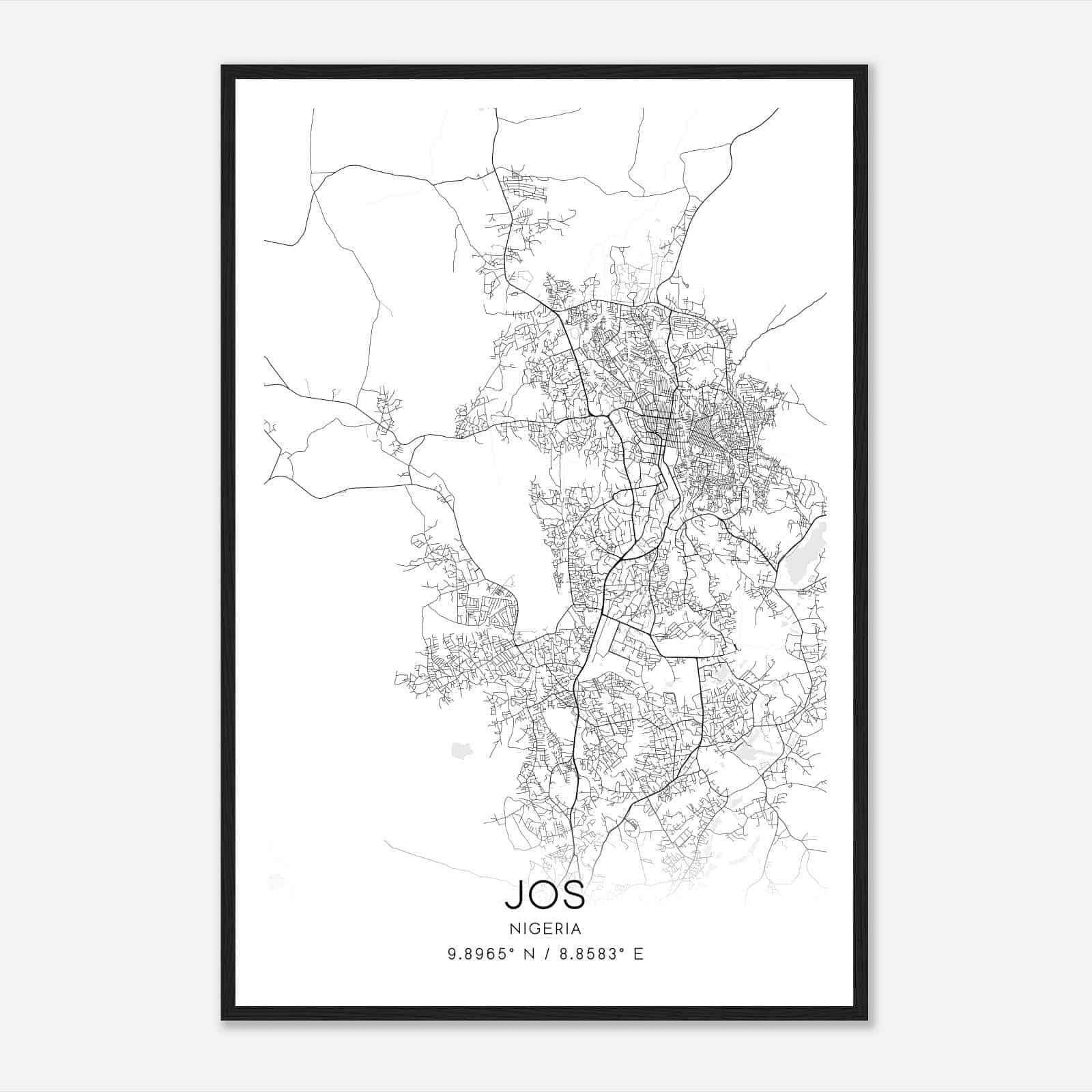 Jos Nigeria Map Poster, Jos City Road Wall Art Print