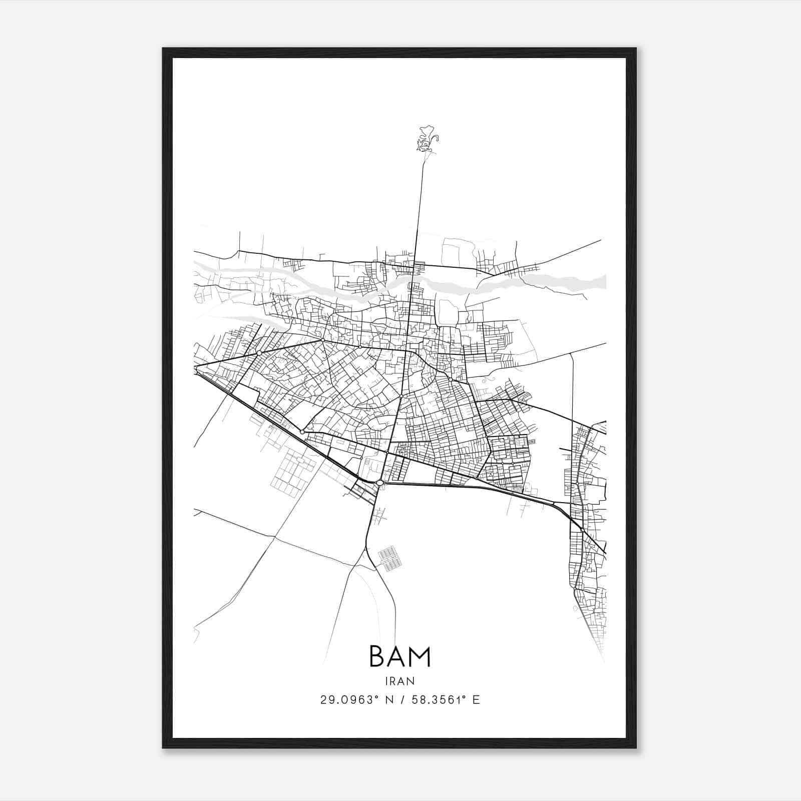 Bam Iran Map Poster, Bam City Road Wall Art Print