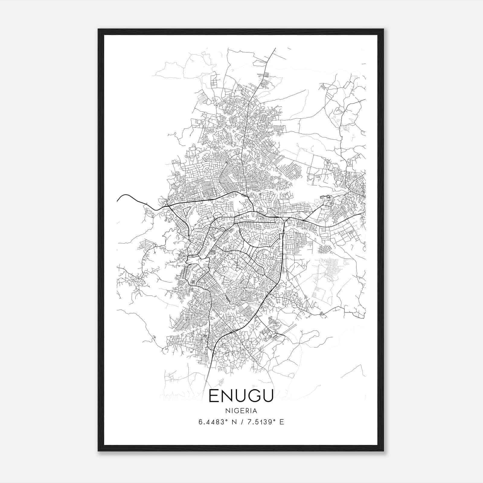 Enugu Nigeria Map Poster, Enugu City Road Wall Art Print