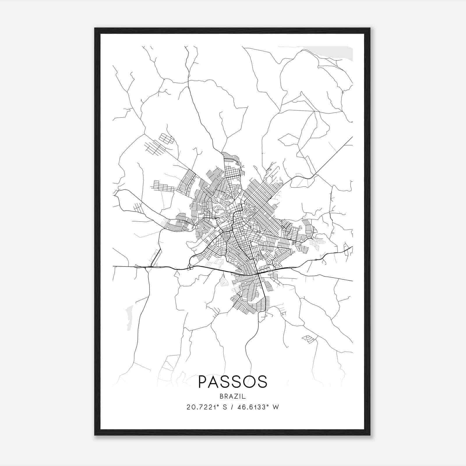 Passos Brazil Map Poster, Passos City Road Wall Art Print