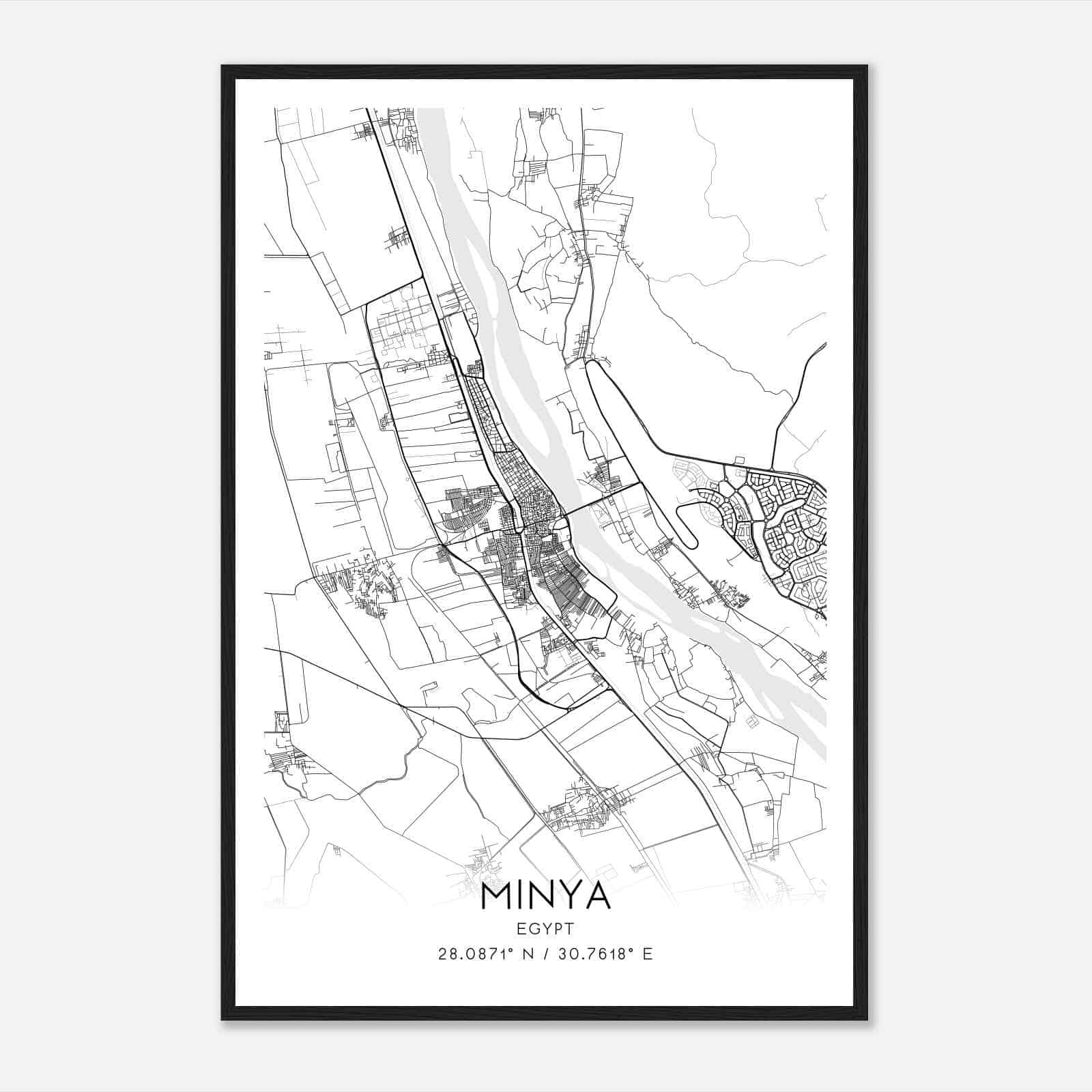 Minya Egypt Map Poster, Minya City Road Wall Art Print