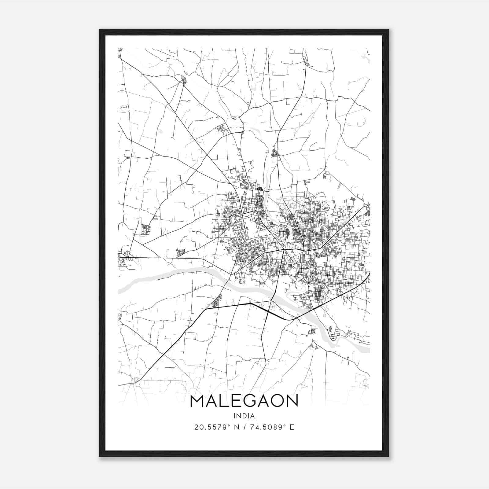 Malegaon India Map Poster, Malegaon City Road Wall Art Print
