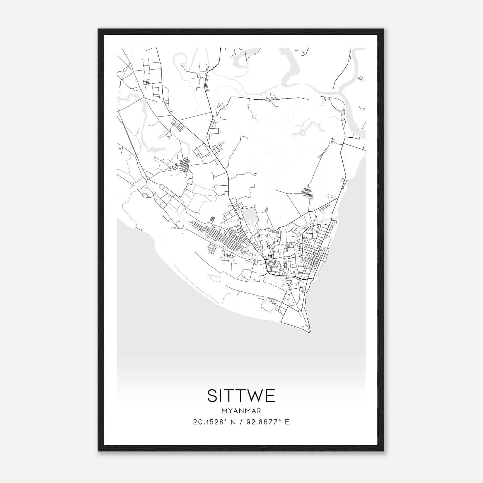 Sittwe Myanmar Map Poster, Sittwe City Road Wall Art Print