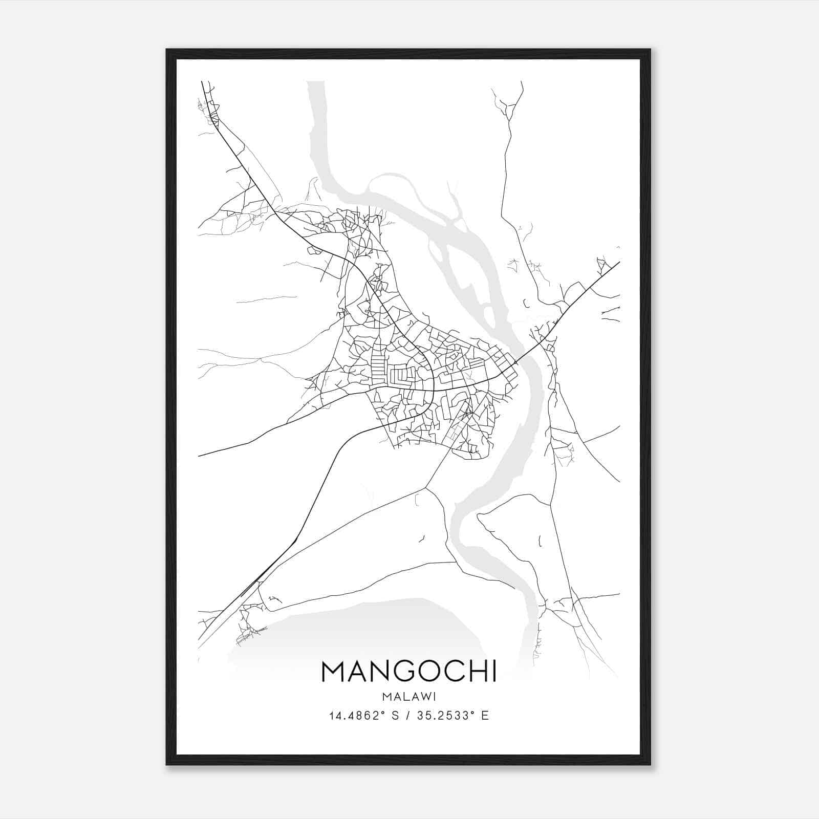 Mangochi Malawi Map Poster, Mangochi City Road Wall Art Print