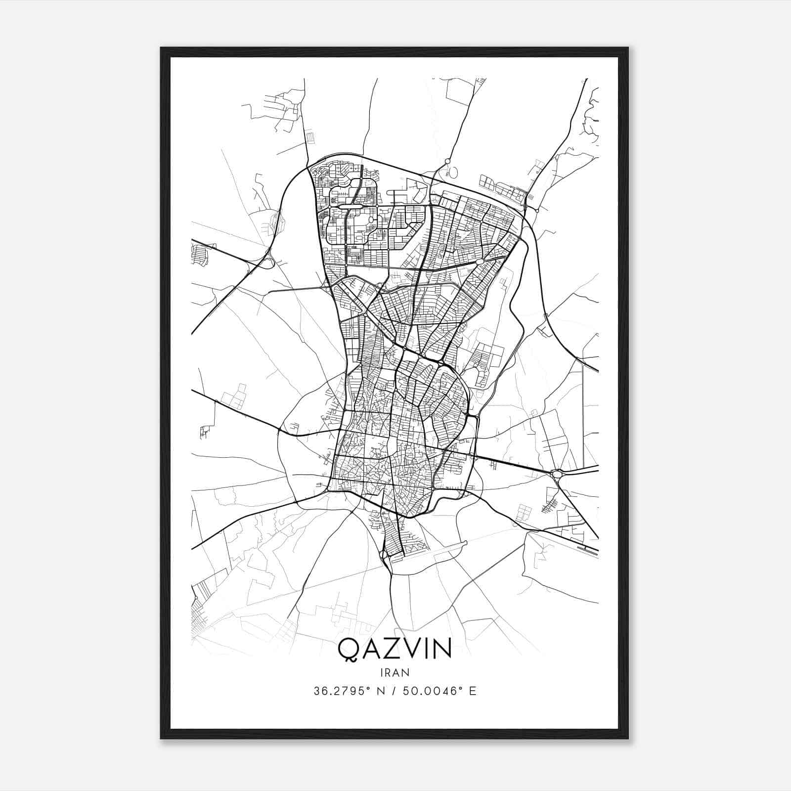Qazvin Iran Map Poster, Qazvin City Road Wall Art Print