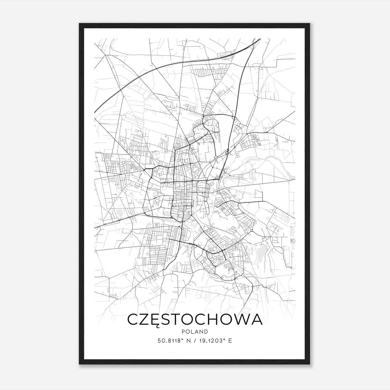 Czestochowa Poland Map Poster, Czestochowa City Road Wall Art Print