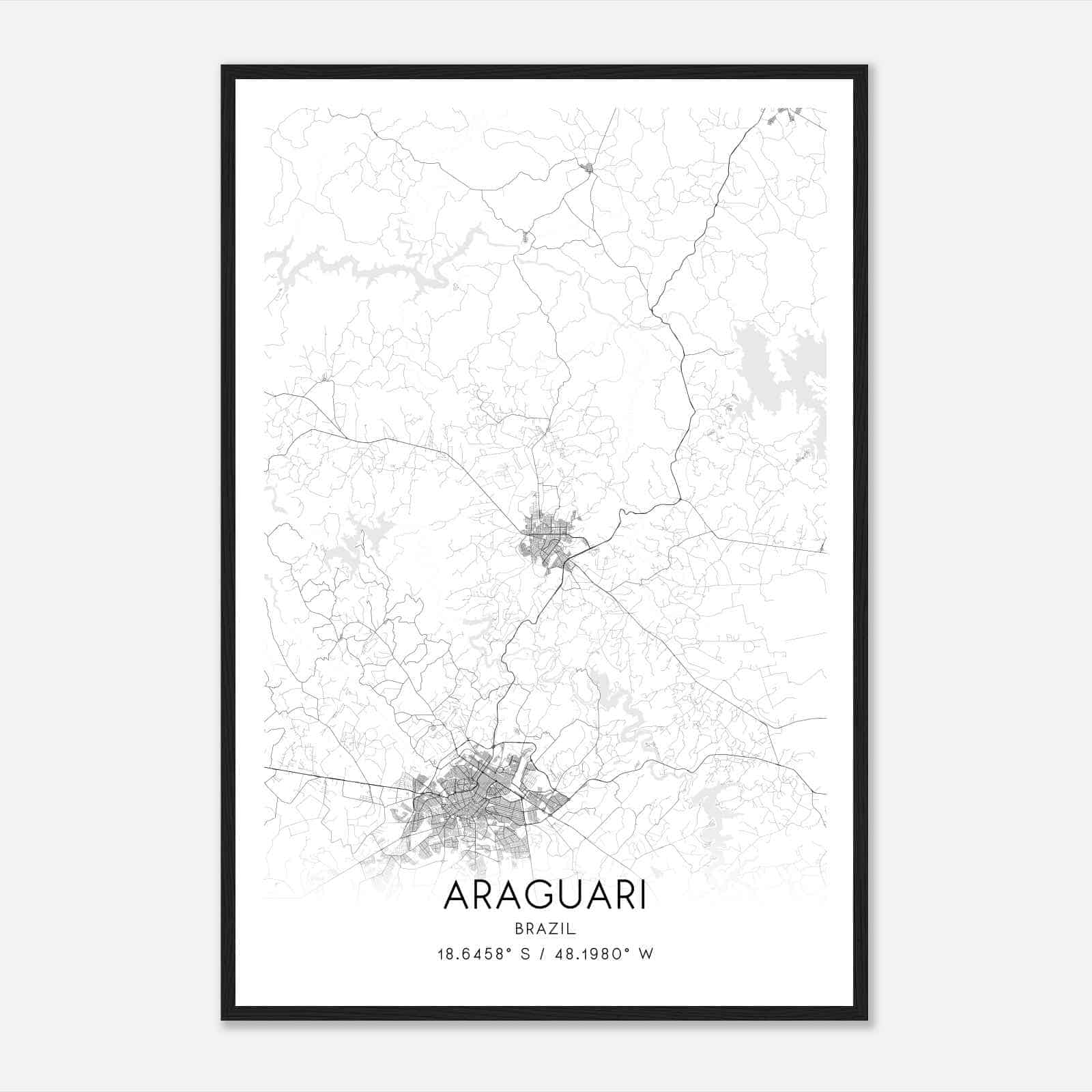 Araguari Brazil Map Poster, Araguari City Road Wall Art Print