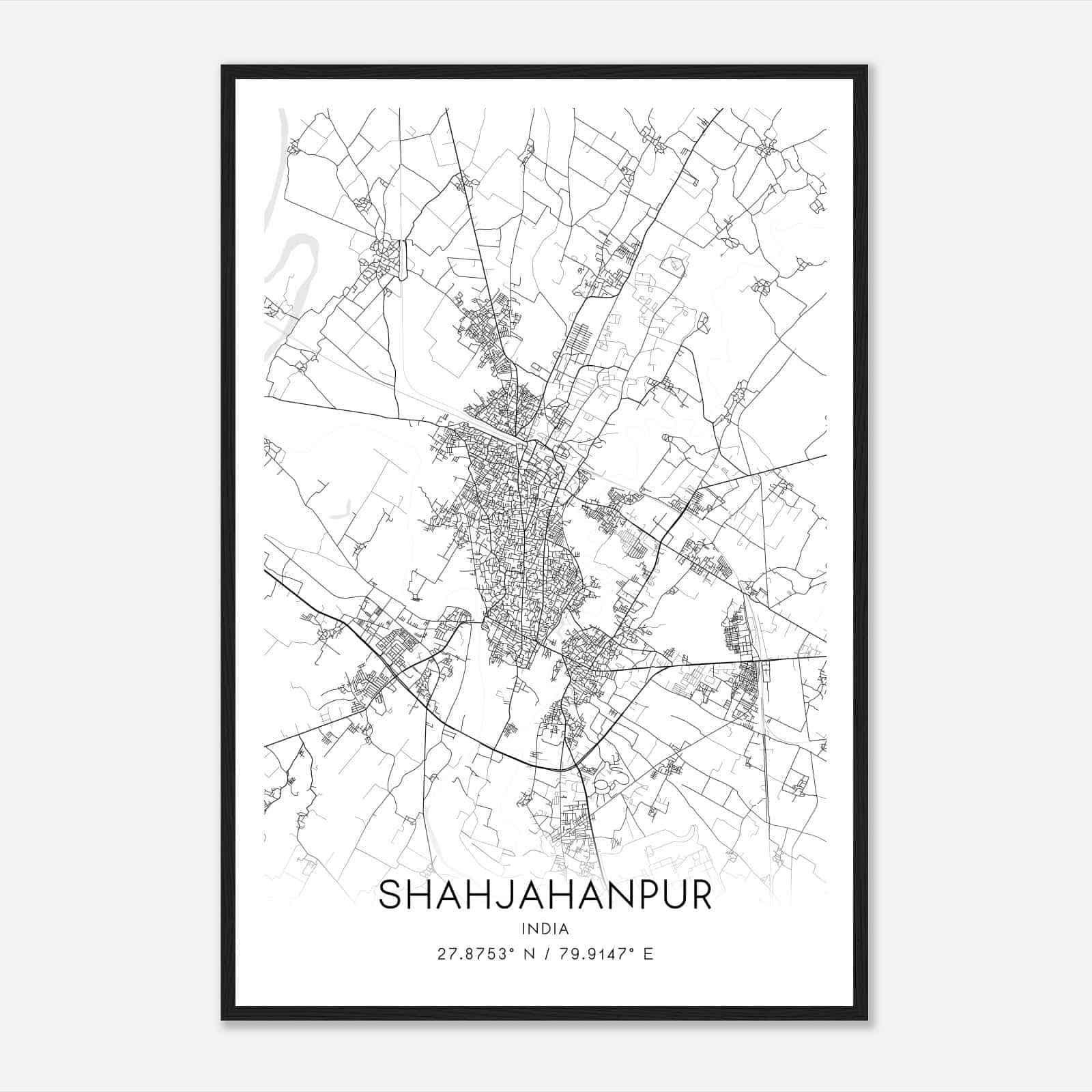 Shahjahanpur India Map Poster, Shahjahanpur City Road Wall Art Print